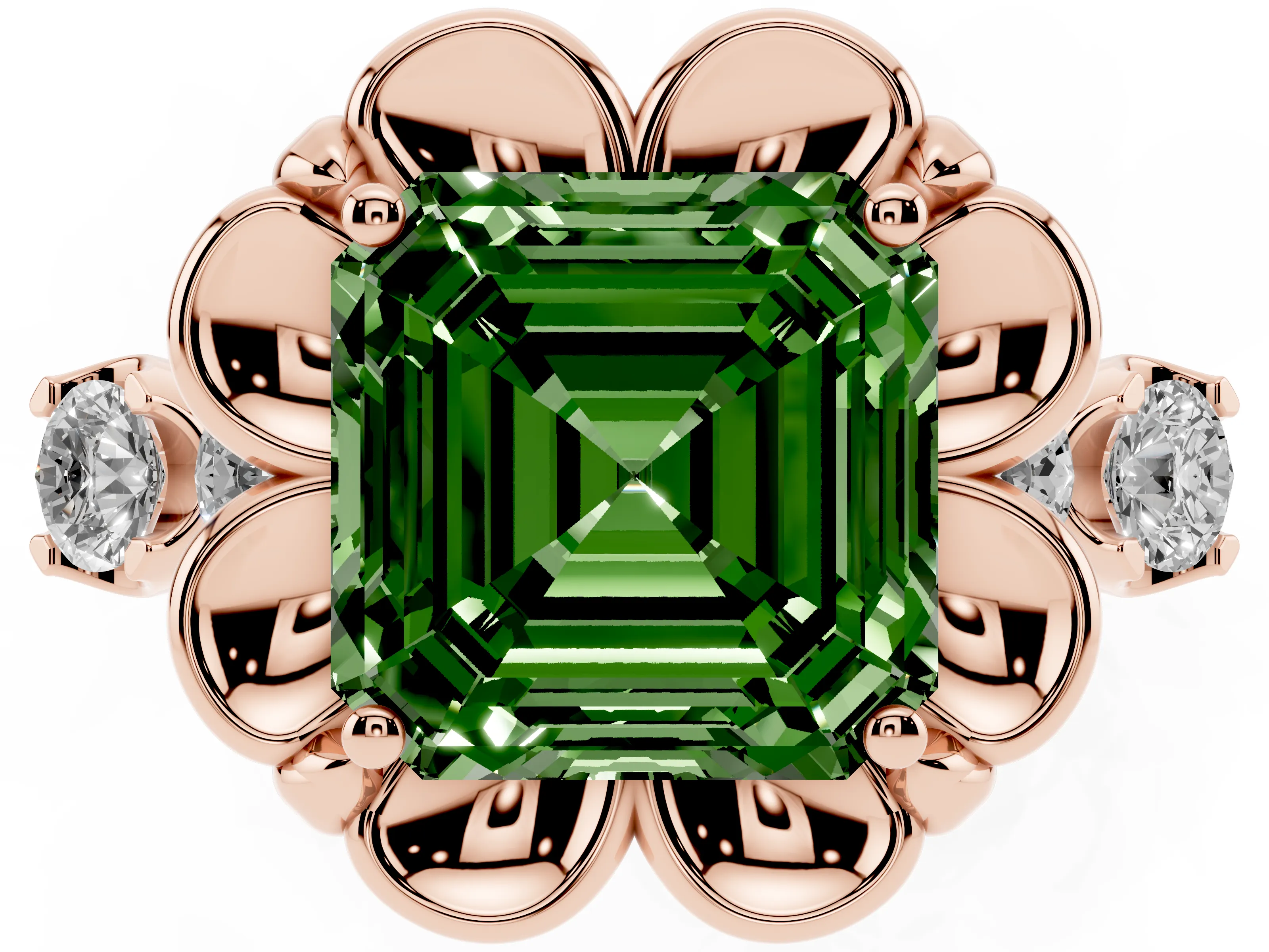 Fancy Green Asscher Cut Diamond Floral Halo Ring Set in Rose gold with Shared Prong Band