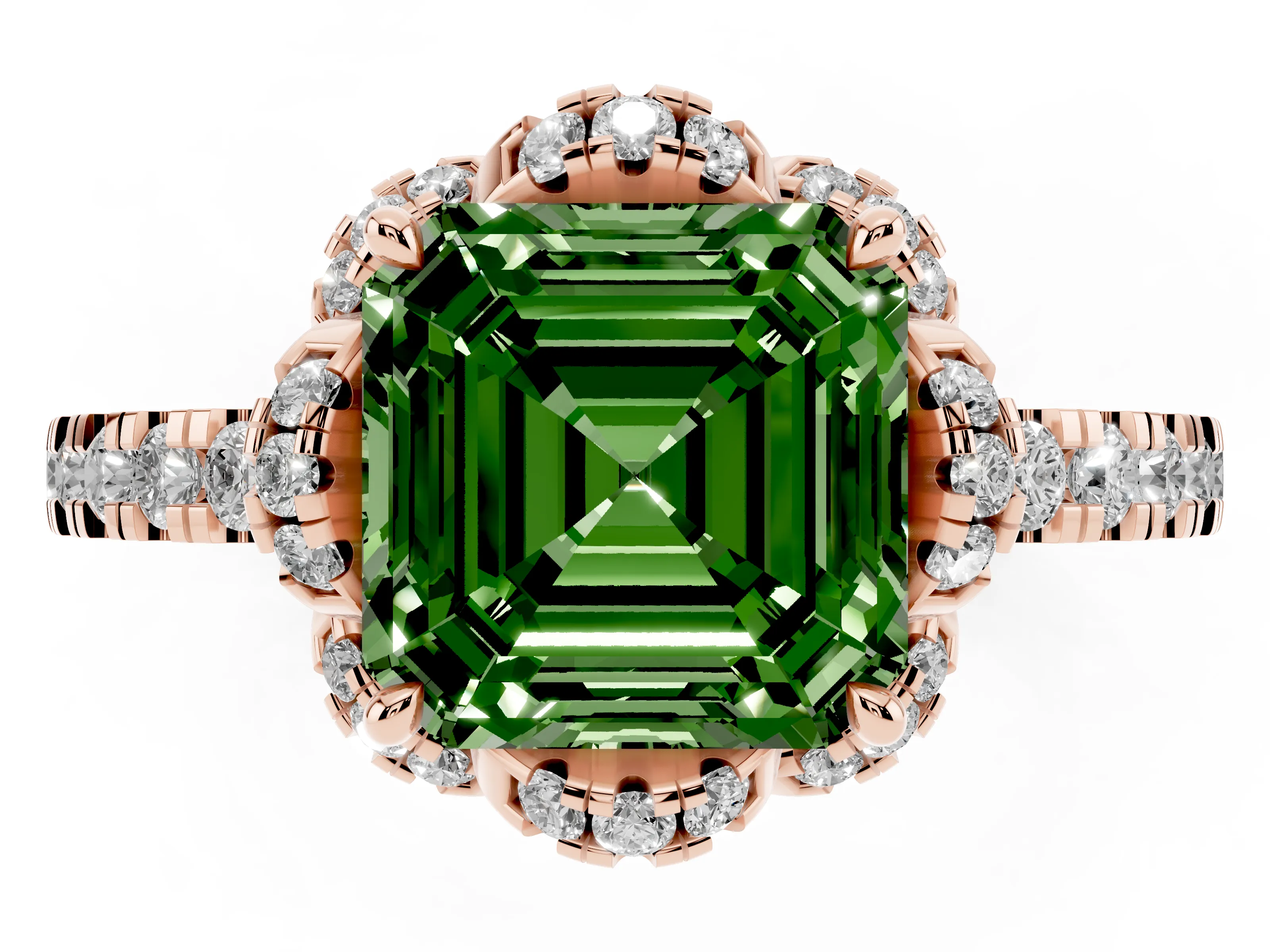 Fancy Green Asscher Cut Diamond Halo Pavé Band Ring Set in Rose gold with Prong-Held Center
