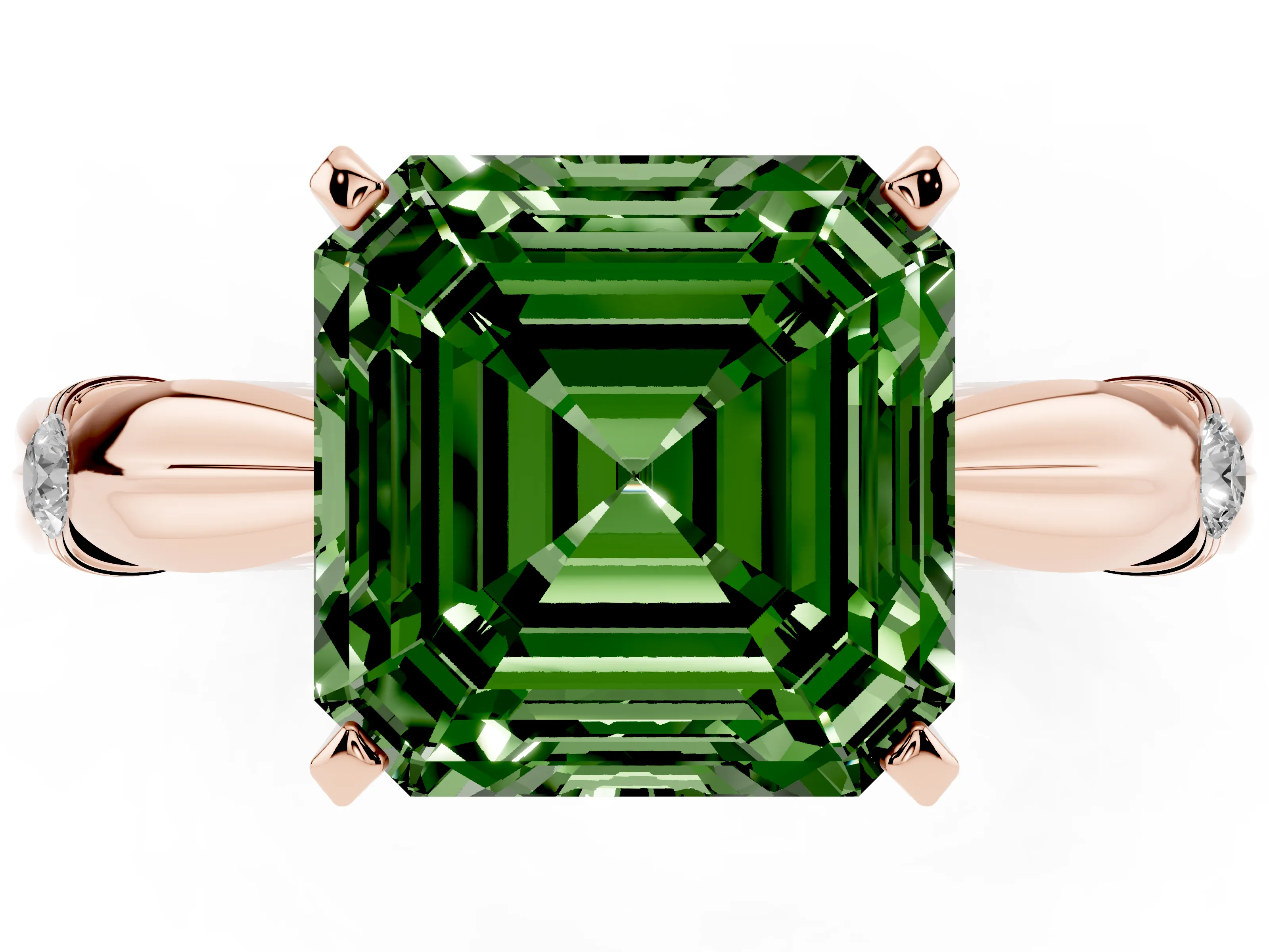 Fancy Green Asscher Cut Diamond Solitaire Twisted Band Ring Set in Rose gold with Accent Stones and Prong Setting