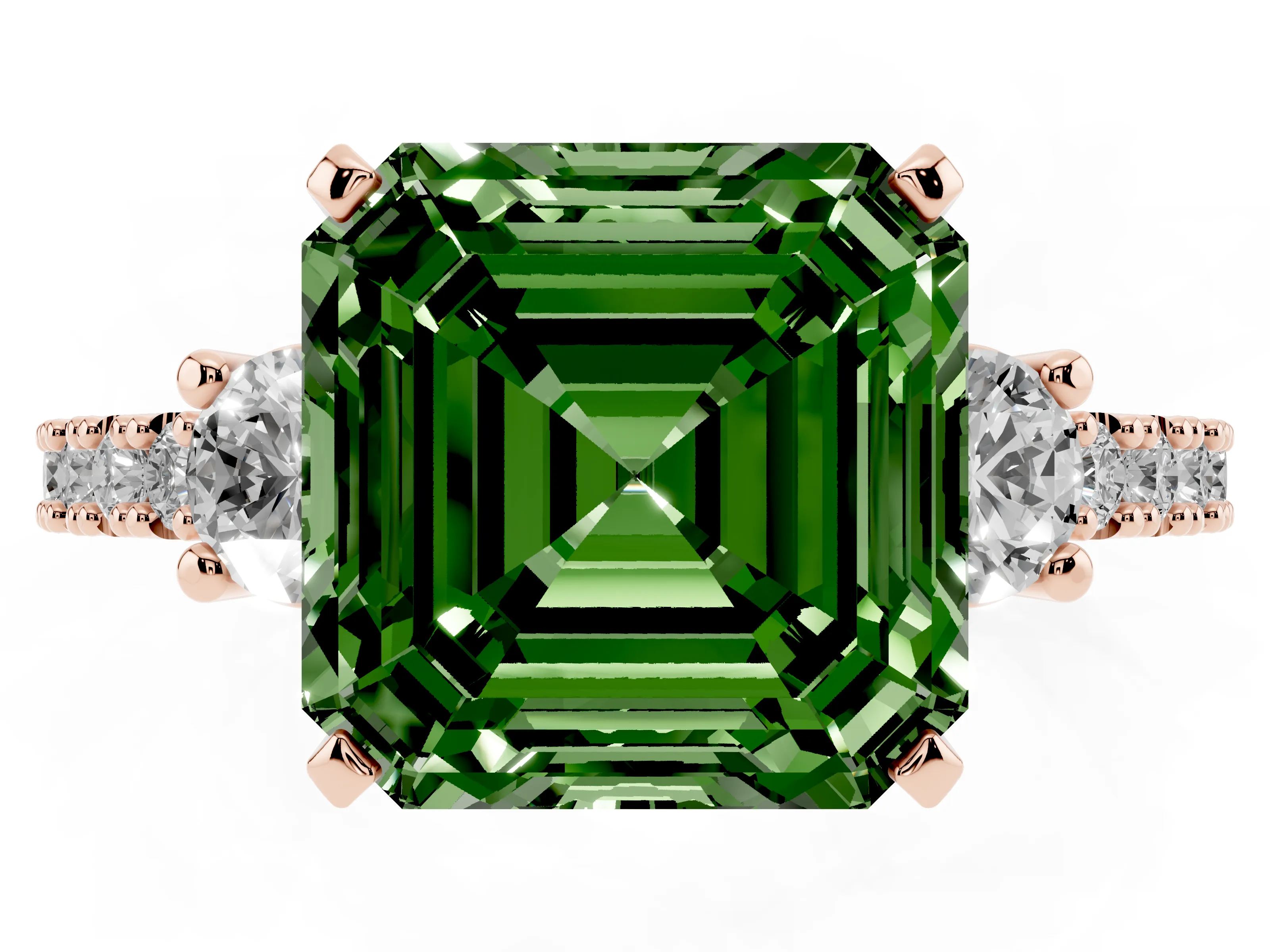 Fancy Green Three-Stone Asscher Cut Diamond Pavé Band Ring Set in Rose gold with Prong Setting