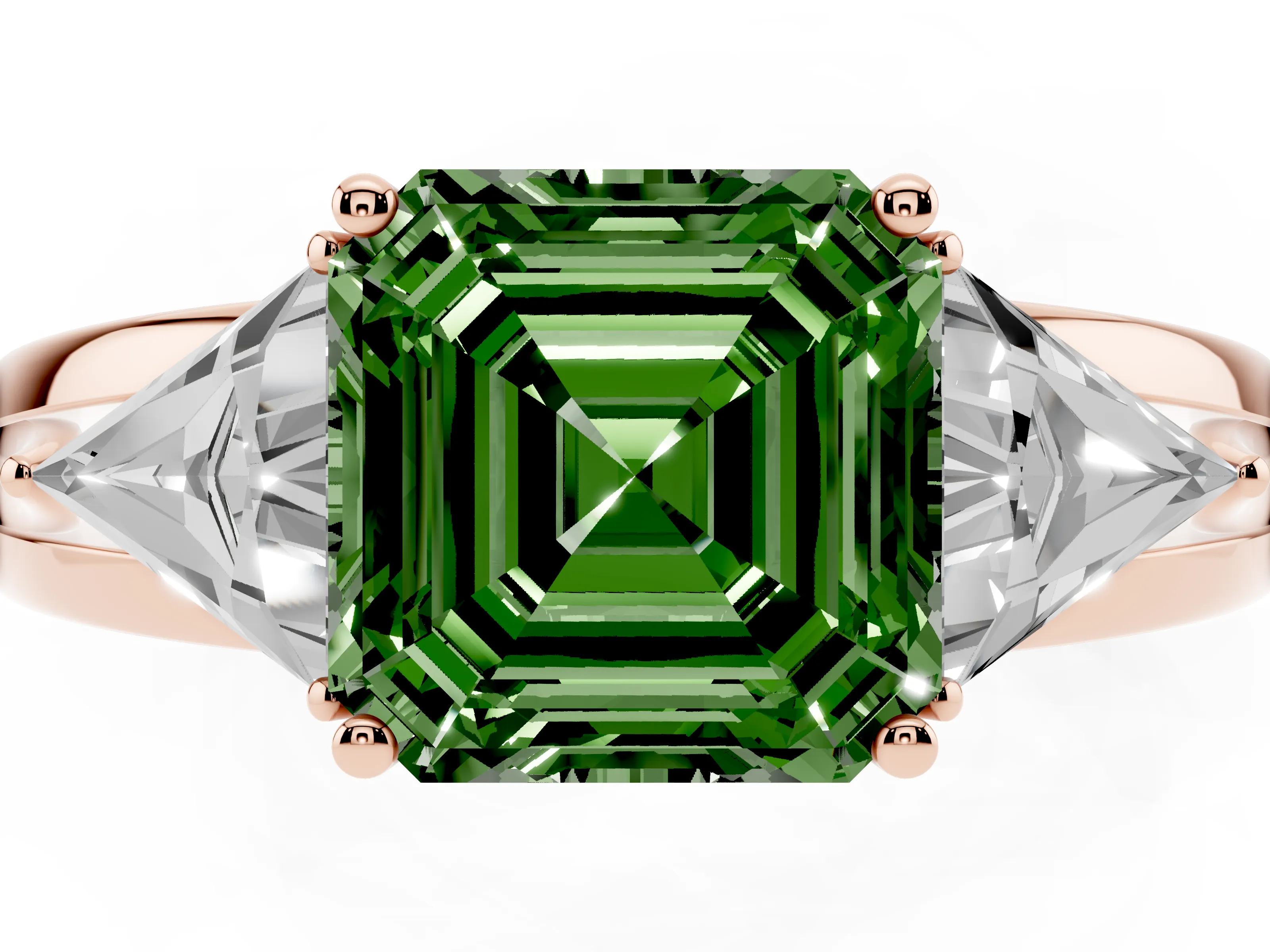 Fancy Green Asscher Cut Diamond Three-Stone Ring Set in Rose gold with Trillion Side Stones and Split Shank