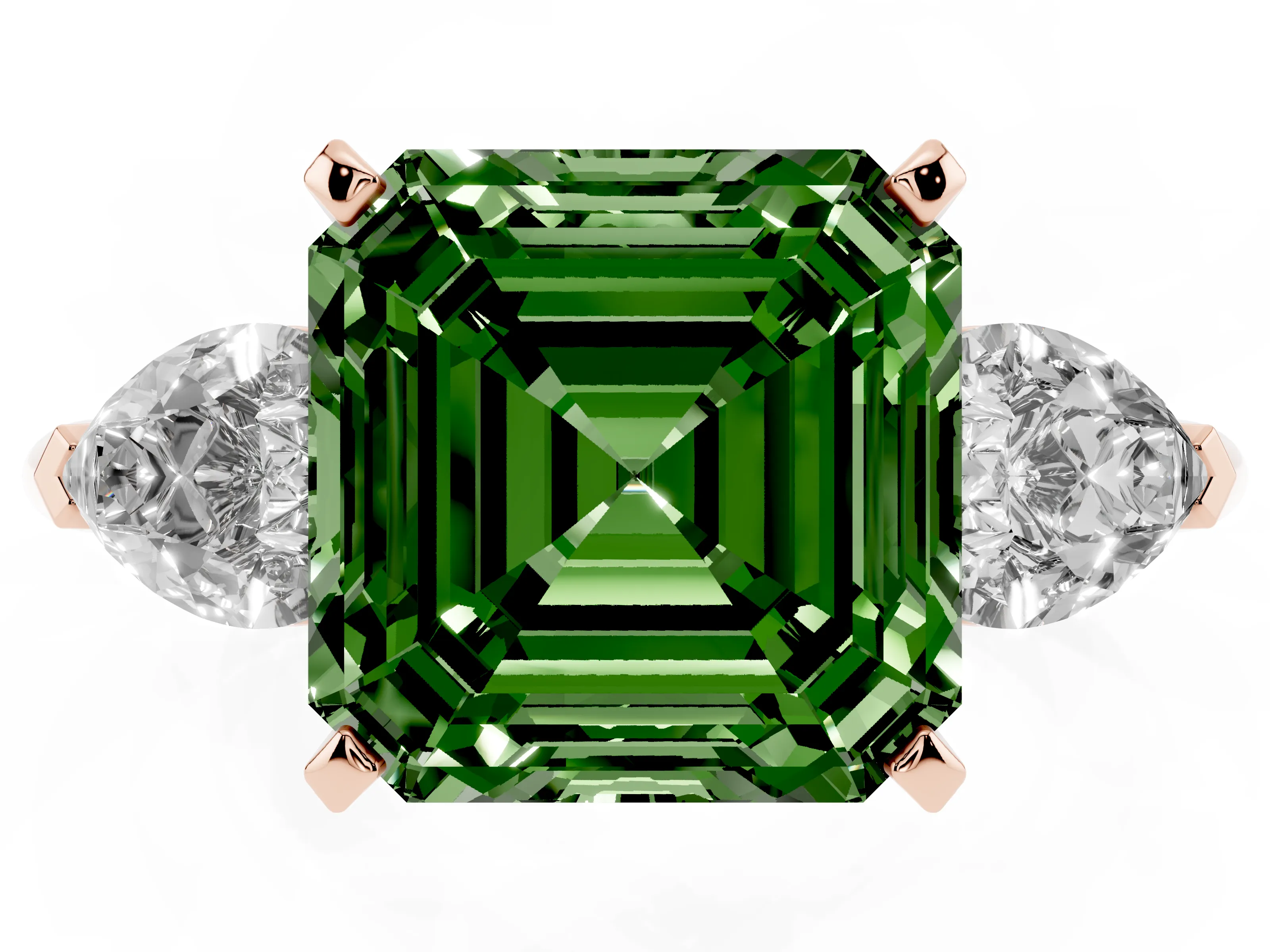 Fancy Green Three-Stone Asscher Cut Diamond Ring Set in Rose gold with Pear Side Stones and Prong Setting