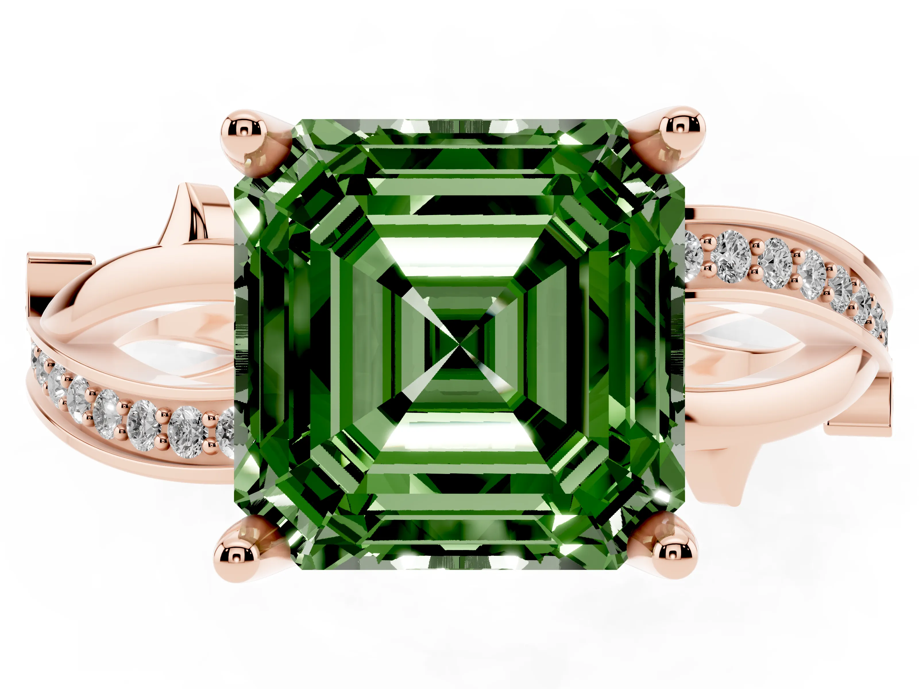 Fancy Green Asscher Cut Diamond Pavé Twist Band Solitaire Ring Set in Rose gold with Prong Setting