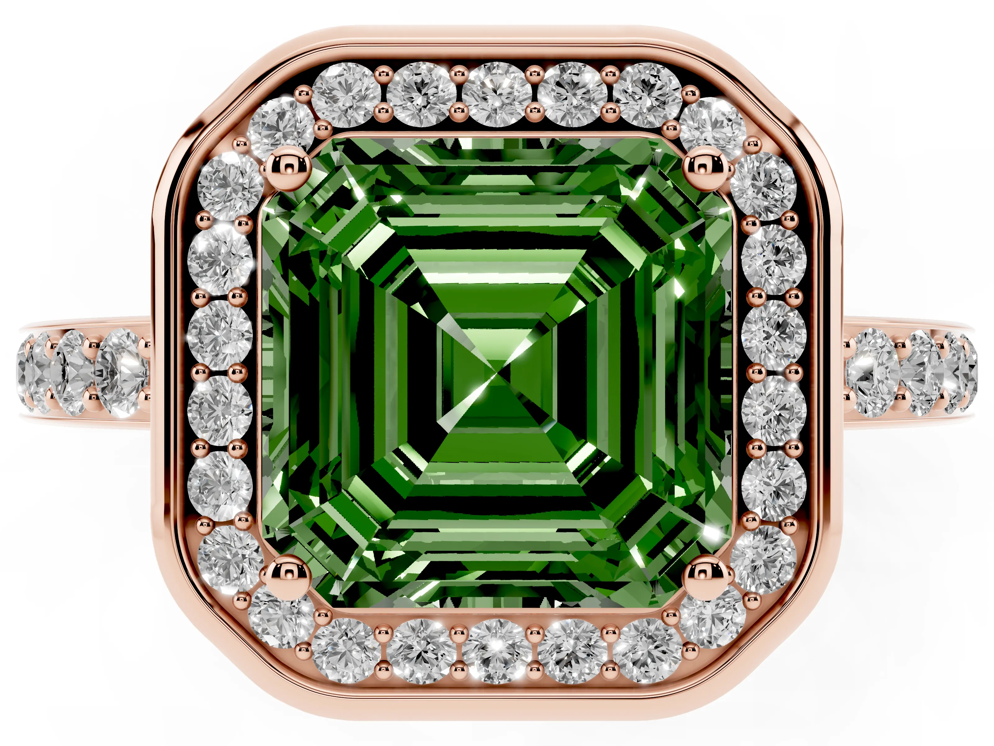Fancy Green Asscher Cut Diamond Halo Ring Set in Rose gold with Bezel Frame and Pavé Band