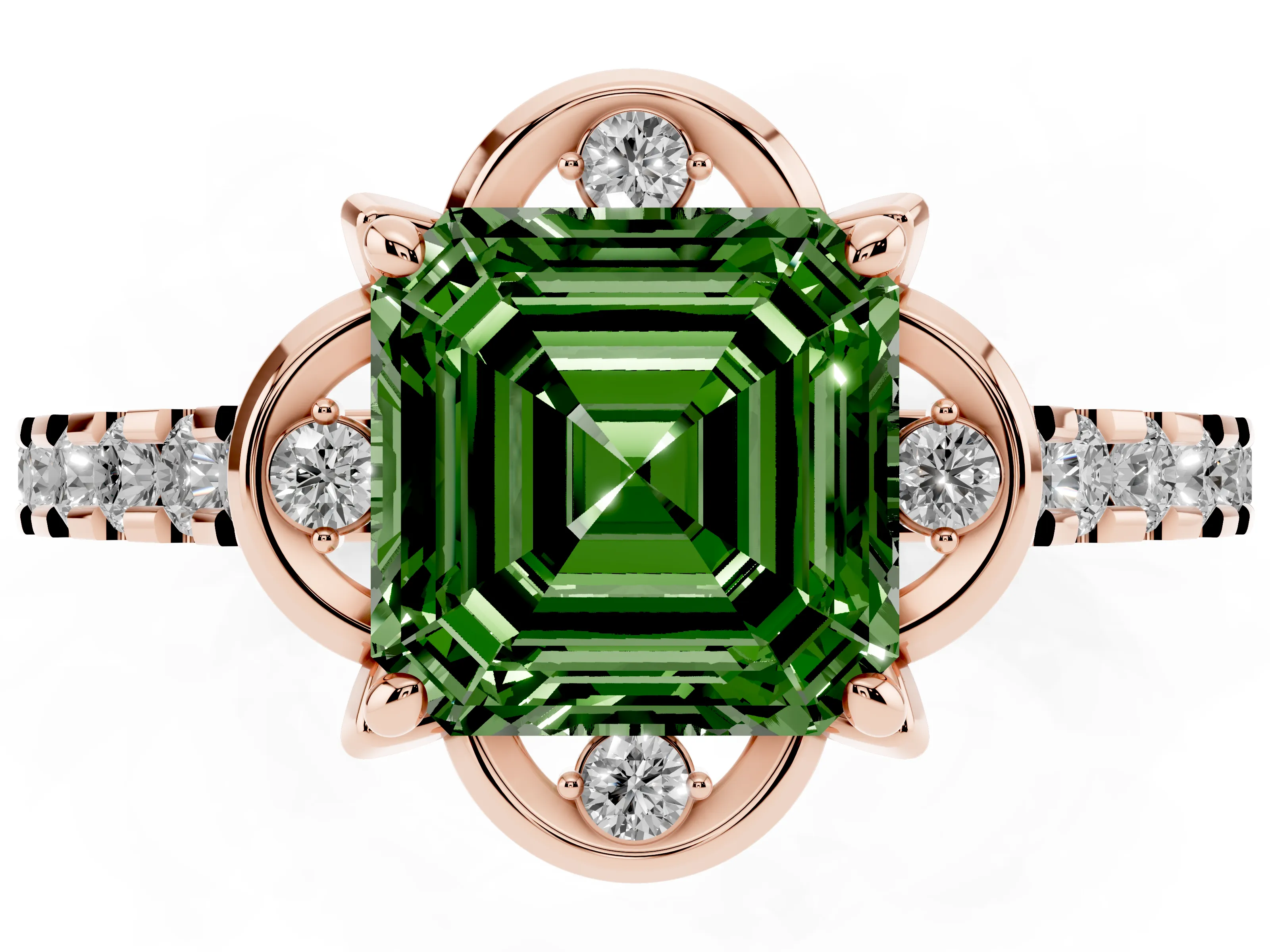 Fancy Green Asscher Cut Diamond Solitaire Ring Set in Rose gold with Pavé Band and Floral Prong Setting