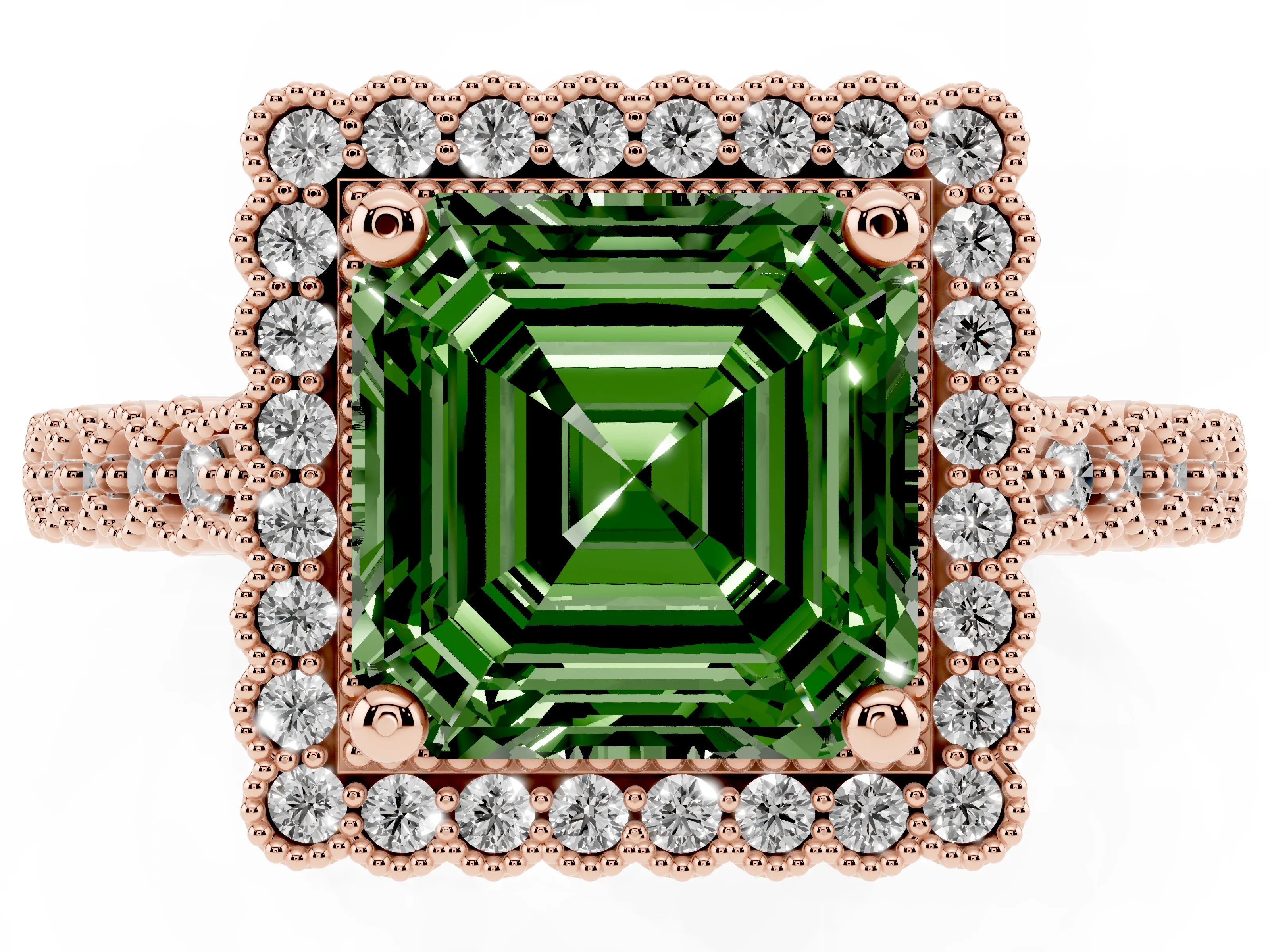 Fancy Green Asscher Cut Diamond Halo Ring Set in Rose gold with Pavé Milgrain Band