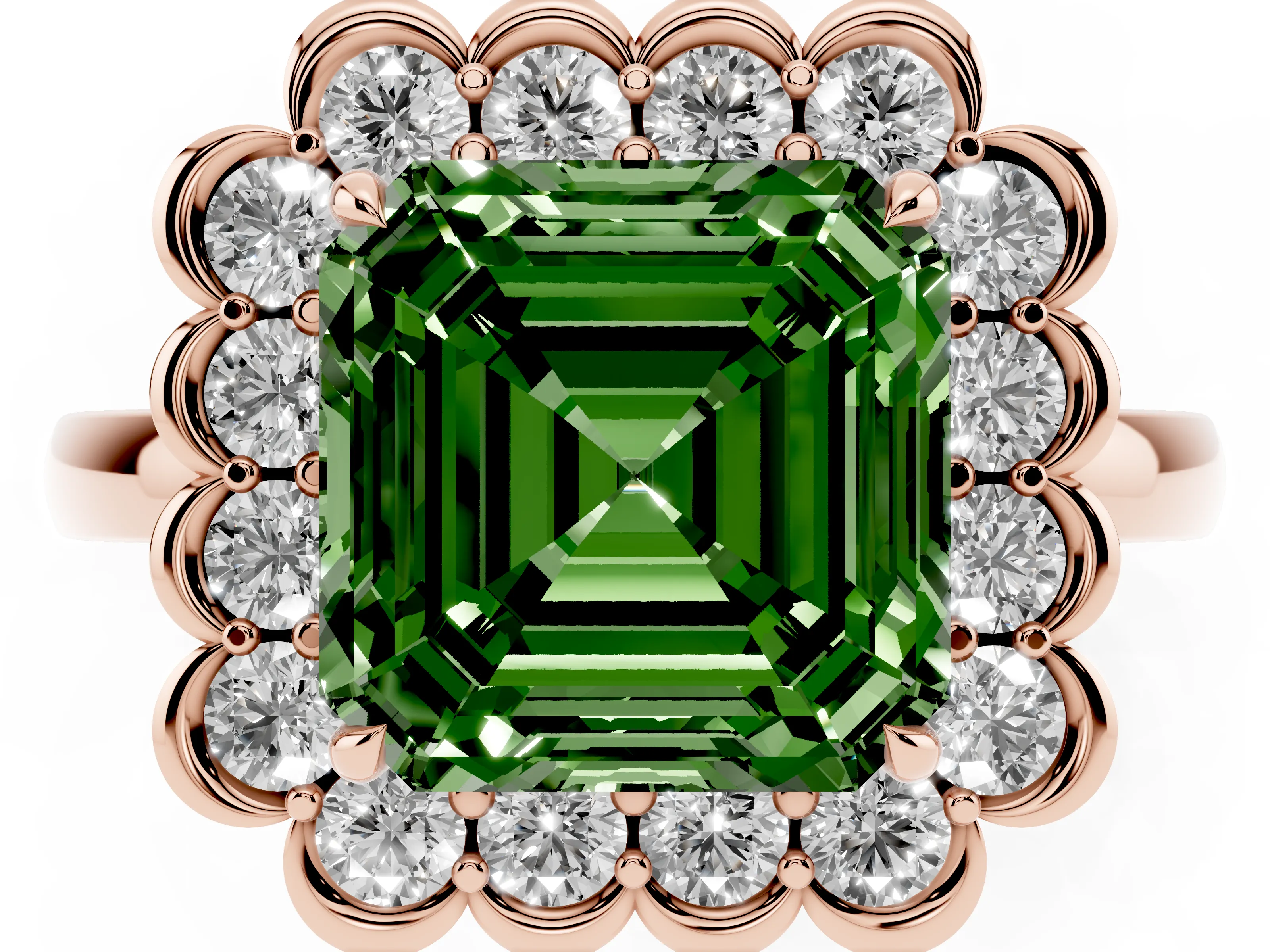 Fancy Green Asscher Cut Diamond Halo Cluster Engagement Ring Set in Rose gold with Solitaire Band and Prong Setting