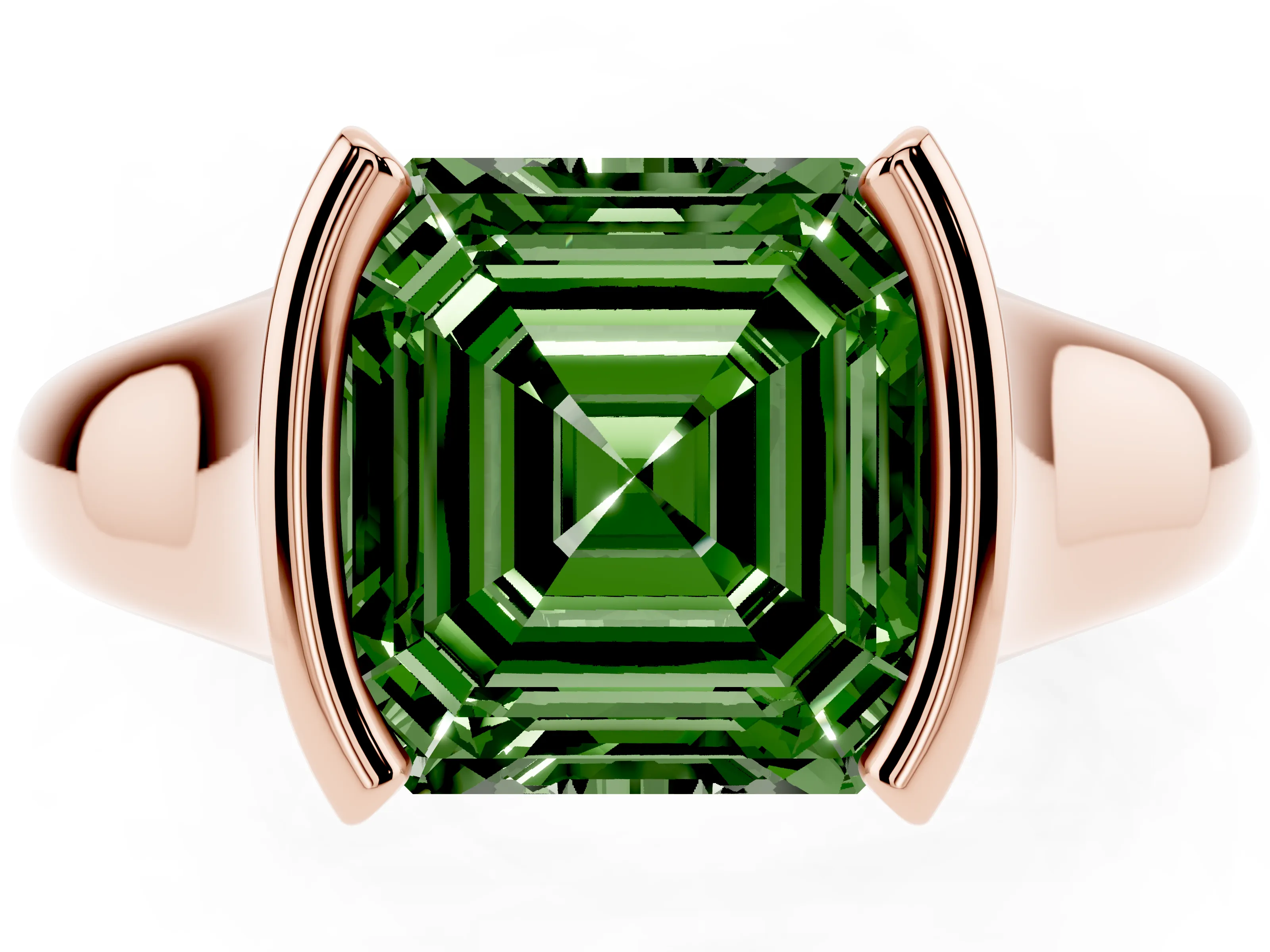 Fancy Green Asscher Cut Diamond Solitaire Tension Set Ring Set in Rose gold with Split Shank Band