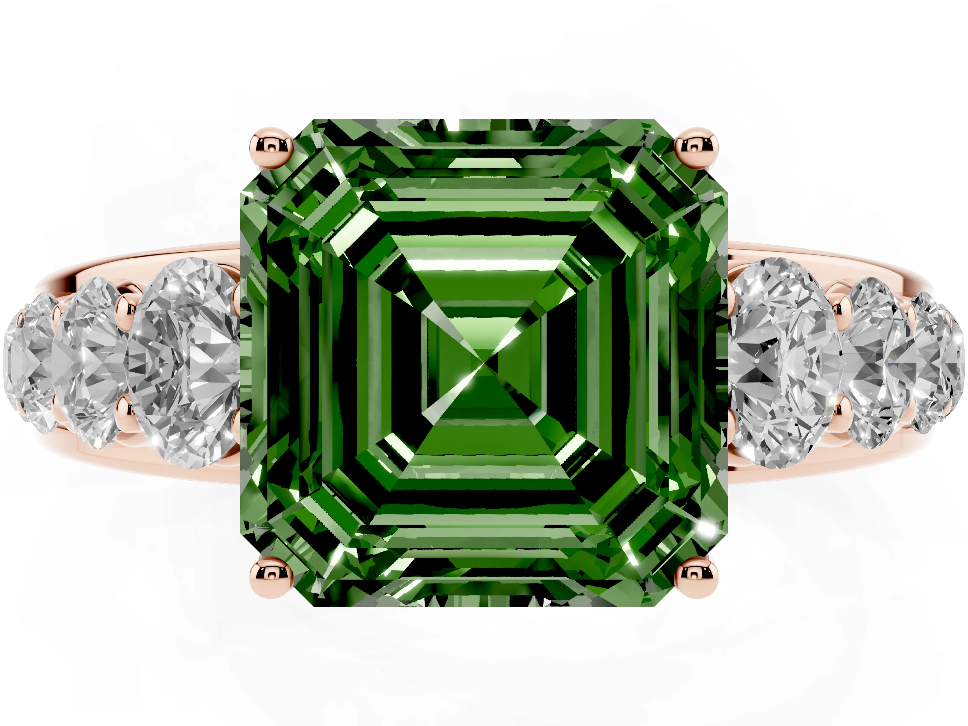 Fancy Green Asscher Cut Diamond Solitaire Ring Set in Rose gold with Pavé-Set Band and Prong Setting