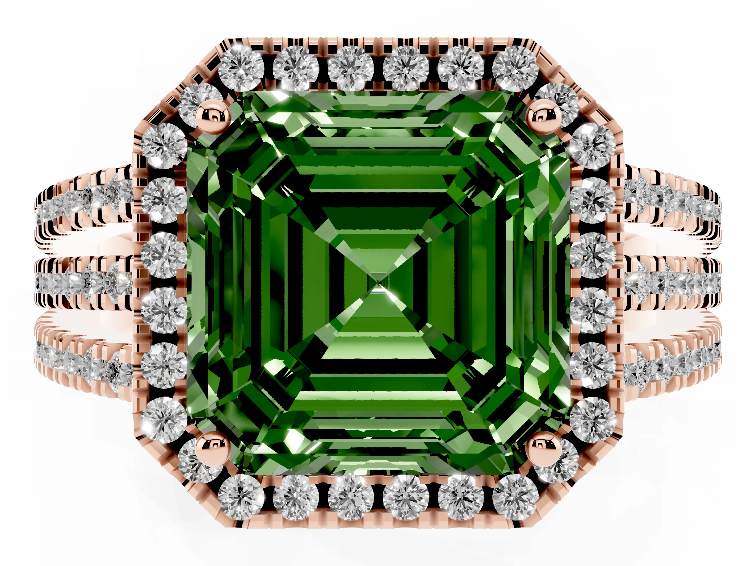 Fancy Green Asscher Cut Diamond Halo Split Shank Engagement Ring Set in Rose gold with Prong Setting
