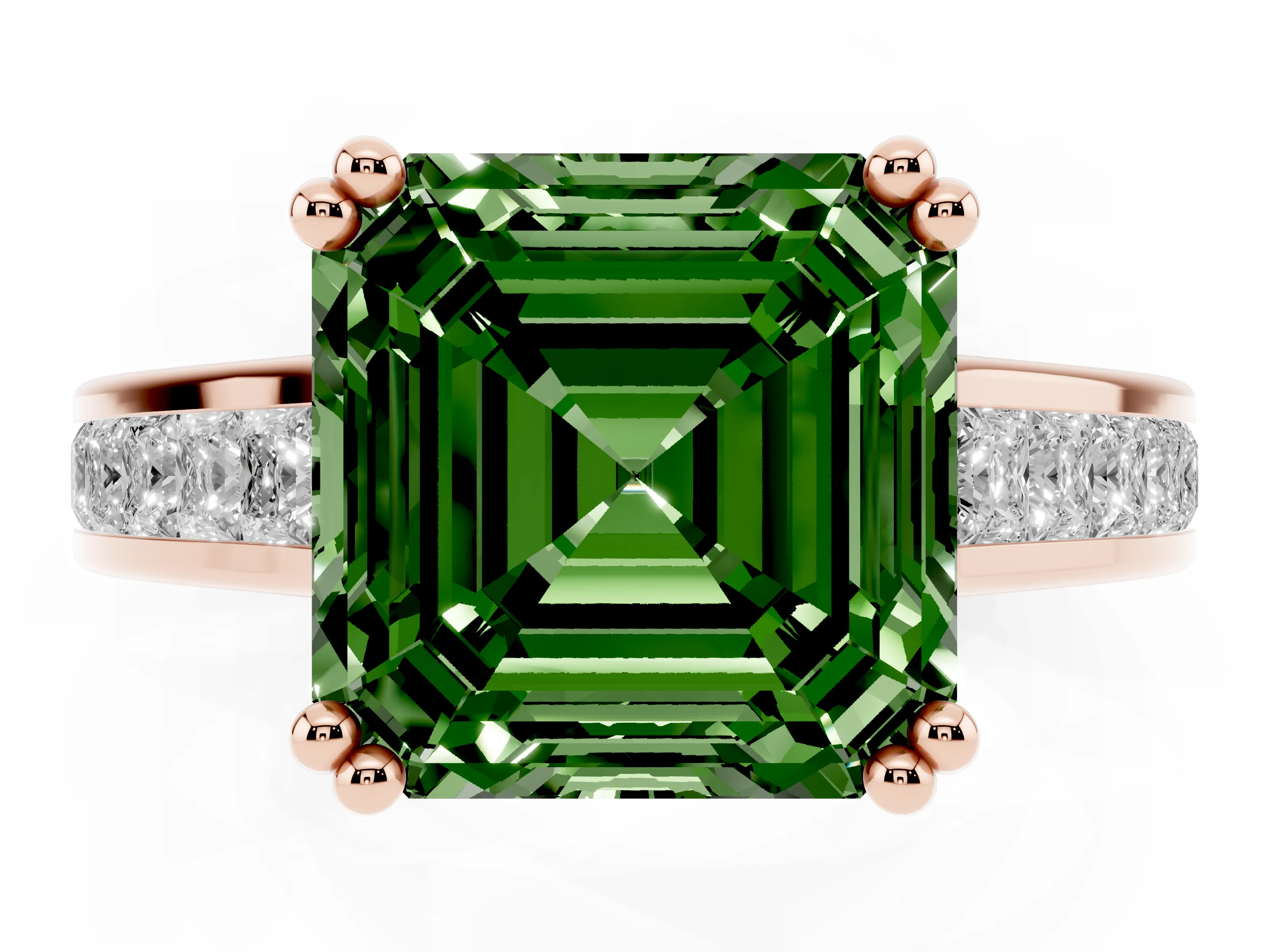 Fancy Green Asscher Cut Diamond Channel Set Solitaire Engagement Ring Set in Rose gold with Prong Setting