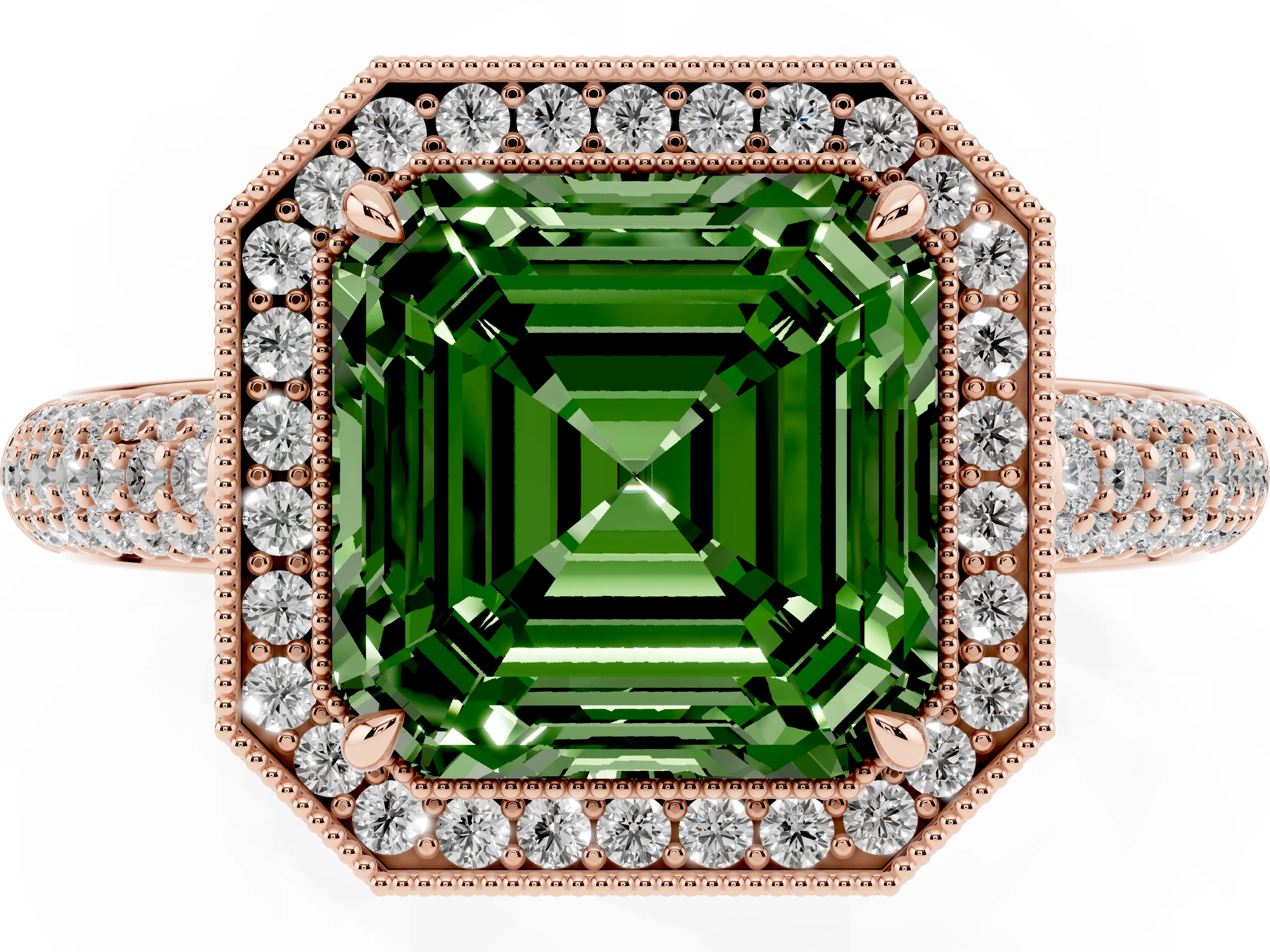 Fancy Green Asscher Cut Diamond Halo Pavé Band Set in Rose gold with Prong Setting