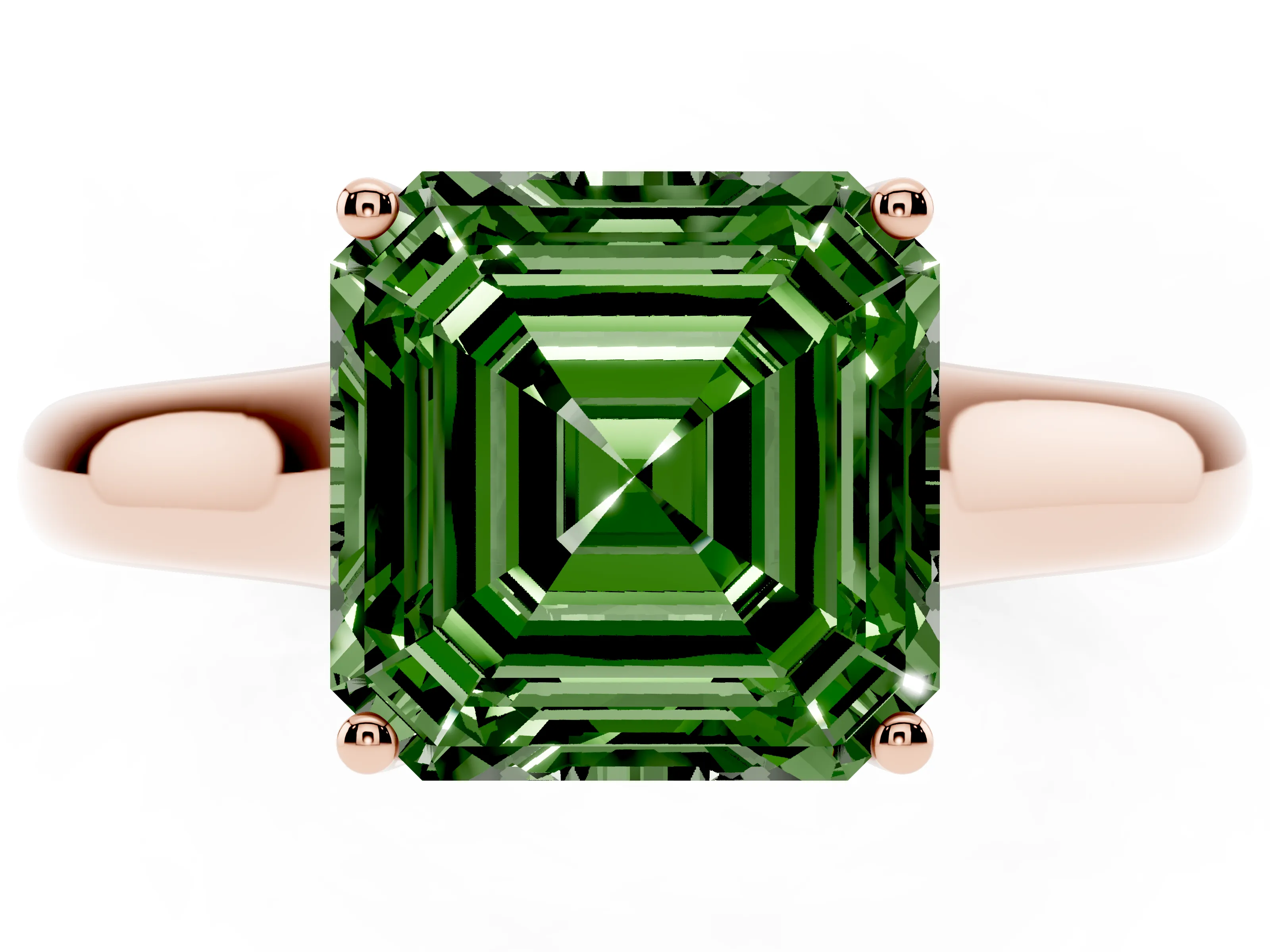 Fancy Green Asscher Cut Diamond Solitaire Engagement Ring Set in Rose gold with Subtly Tapered Band and Prong Setting