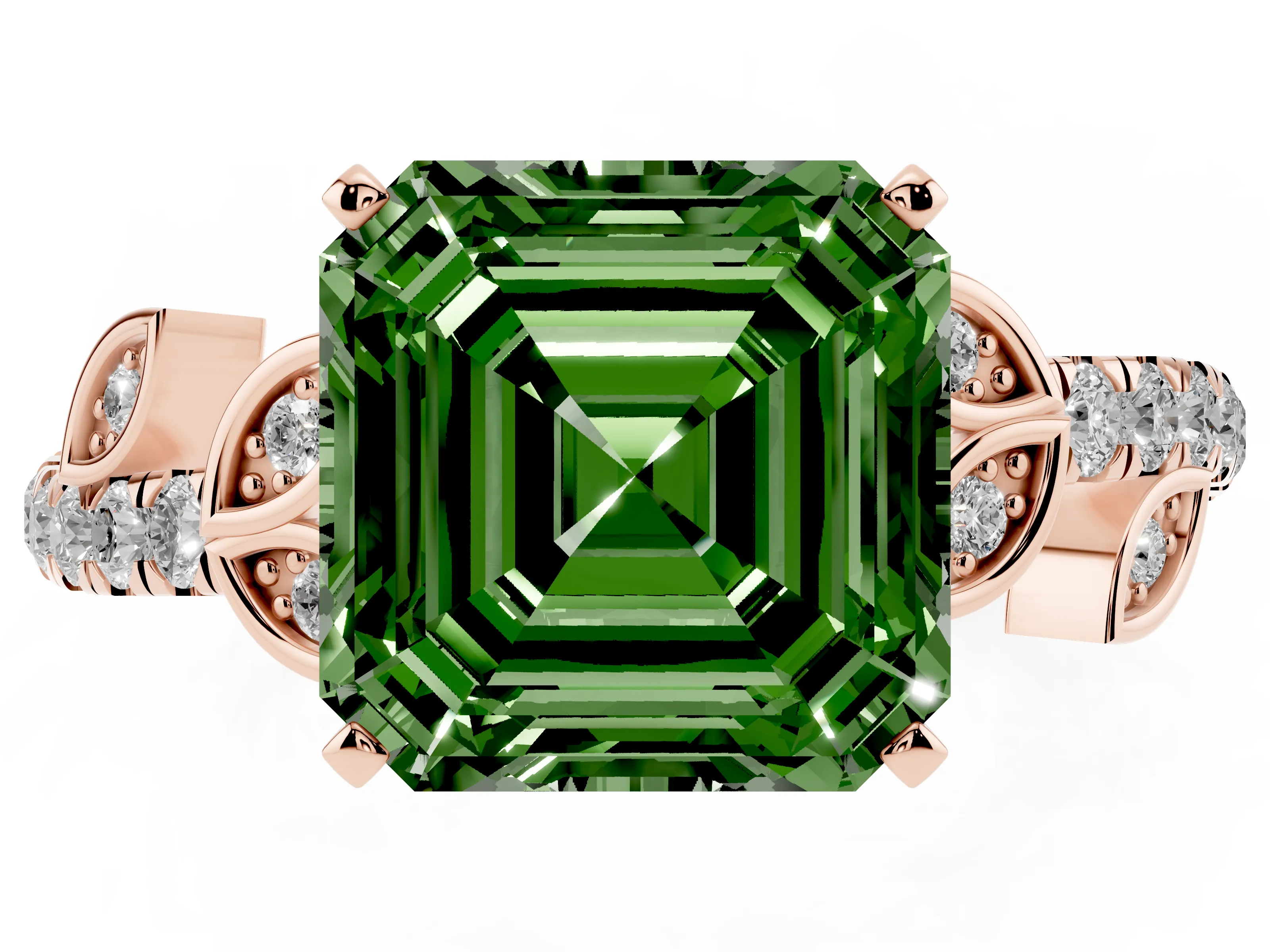 Fancy Green Asscher Cut Diamond Solitaire Leaf-Inspired Ring Set in Rose gold with Pavé Band and Prong Setting