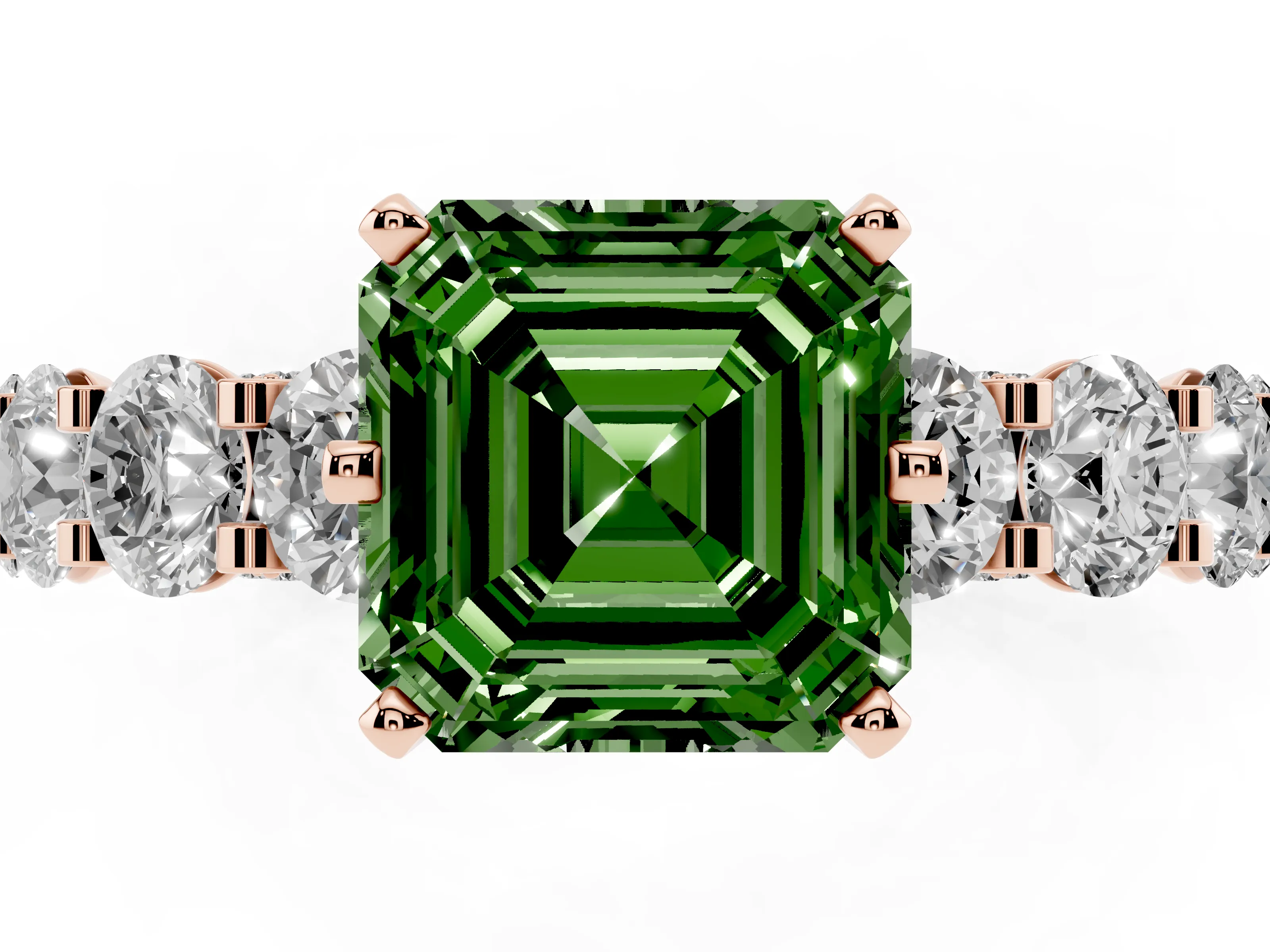 Fancy Green Asscher Cut Diamond Side Stone Ring Set in Rose gold with Alternating Round and Oval Side Stones
