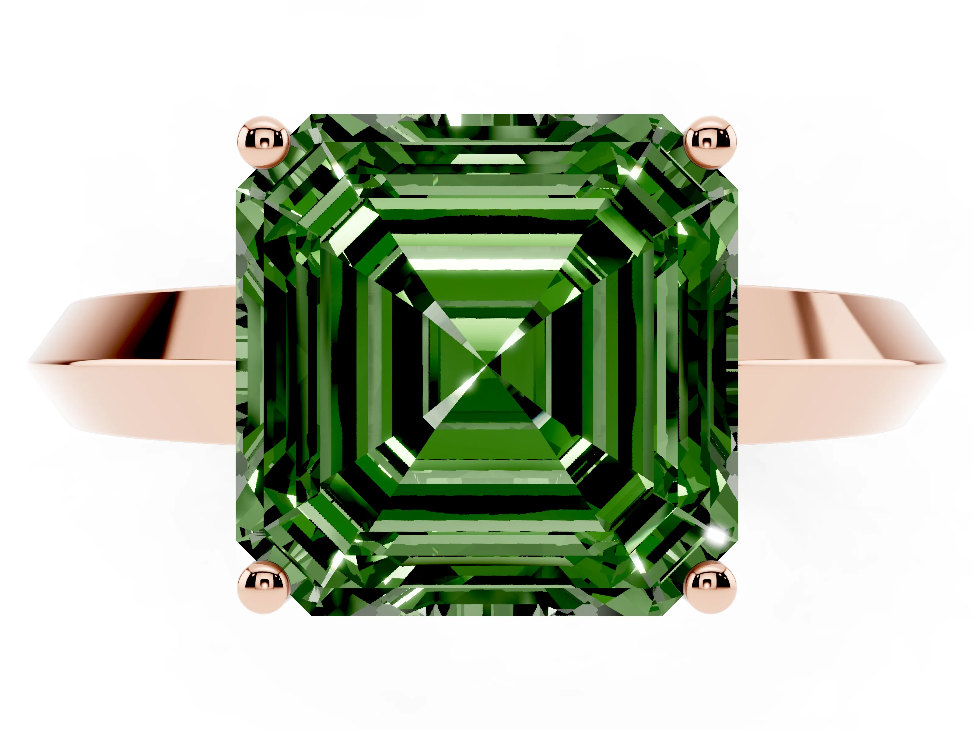 Fancy Green Asscher Cut Diamond Solitaire Engagement Ring Set in Rose gold with Flat Band and Prong Setting