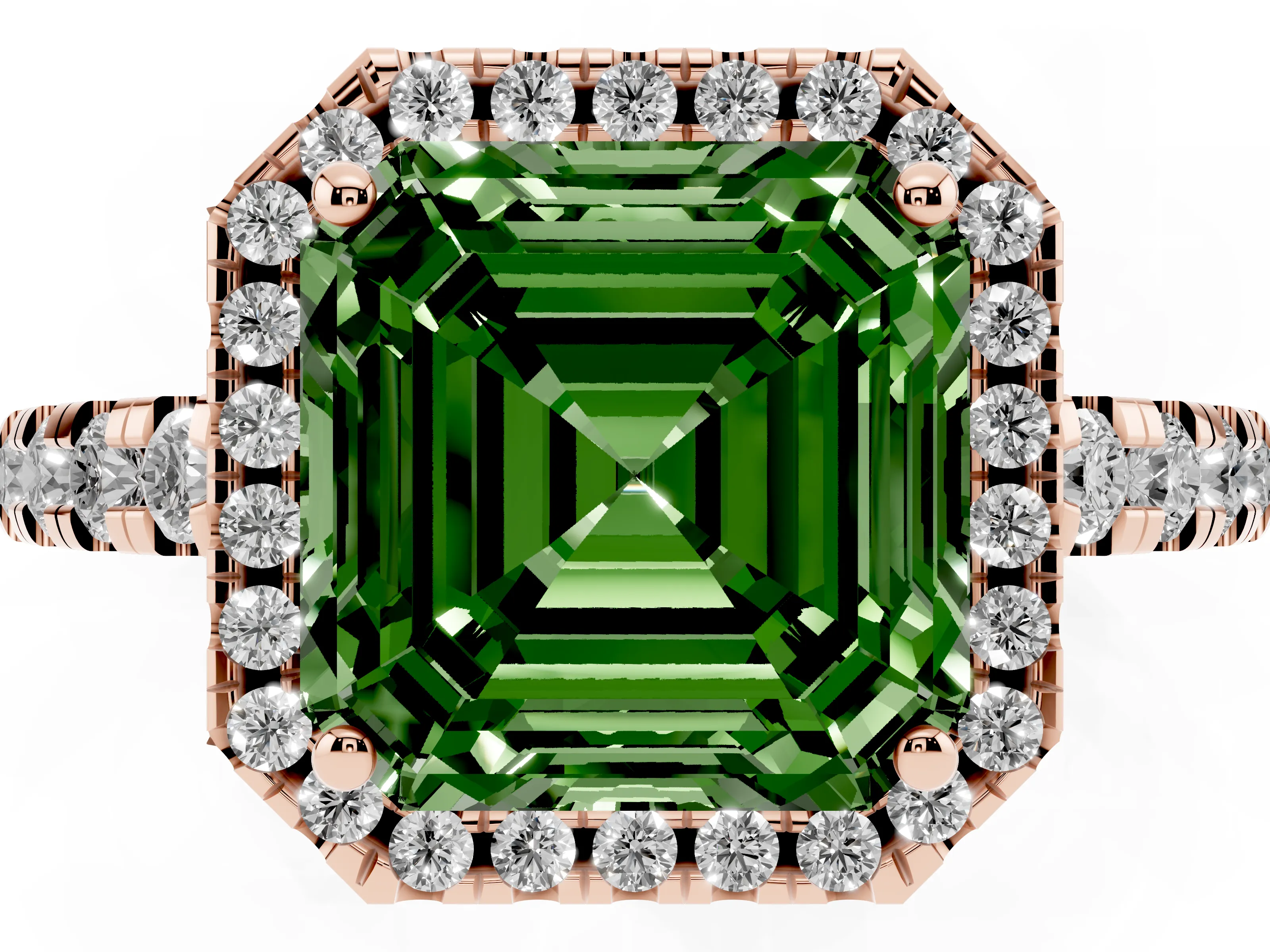 Fancy Green Asscher Cut Diamond Halo Ring Set in Rose gold with Delicate Pavé Band and Prong Setting