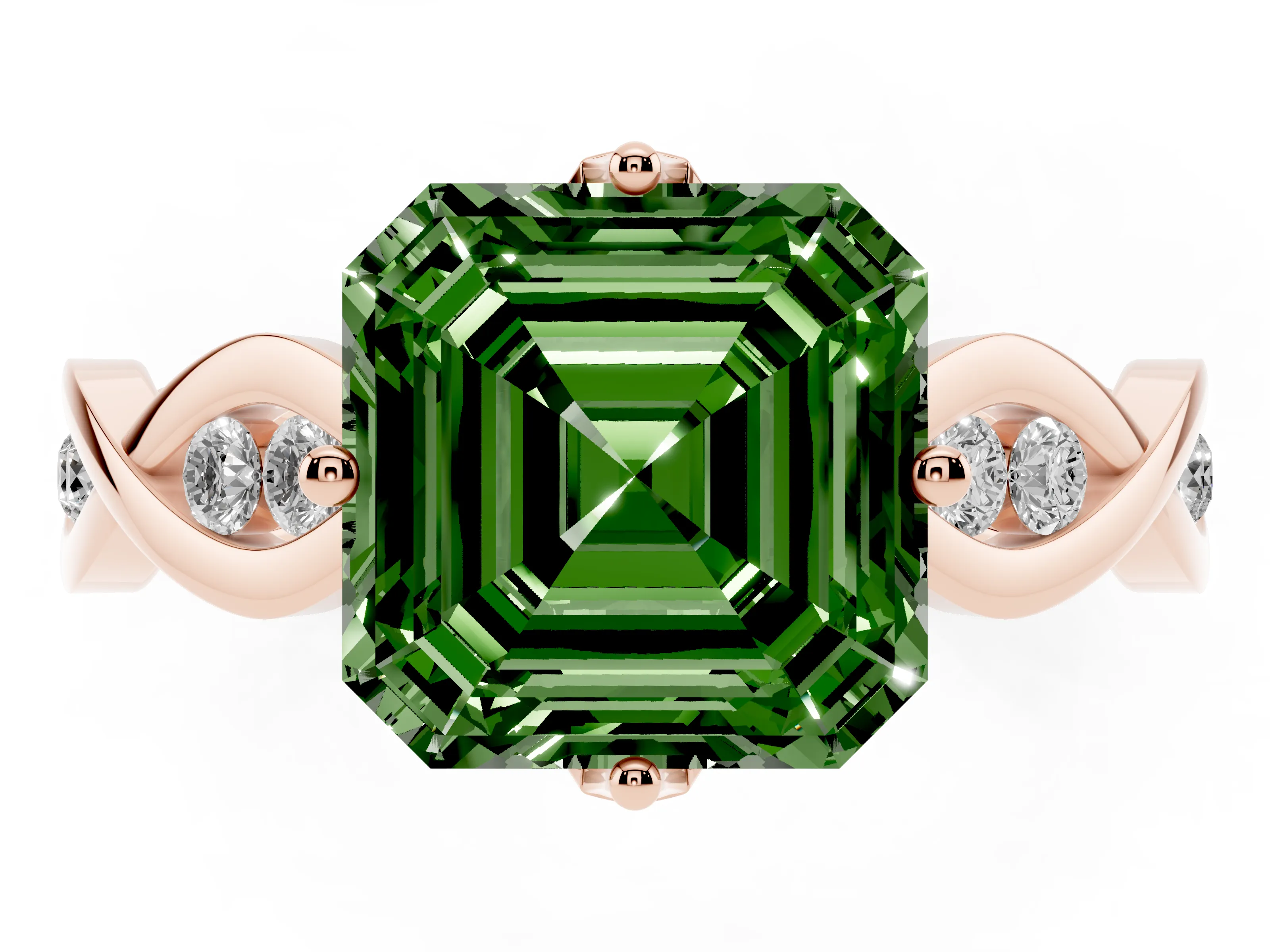Fancy Green Asscher Cut Diamond Twist Band Solitaire Ring Set in Rose gold with Leaf Prong Setting and Accent Stones