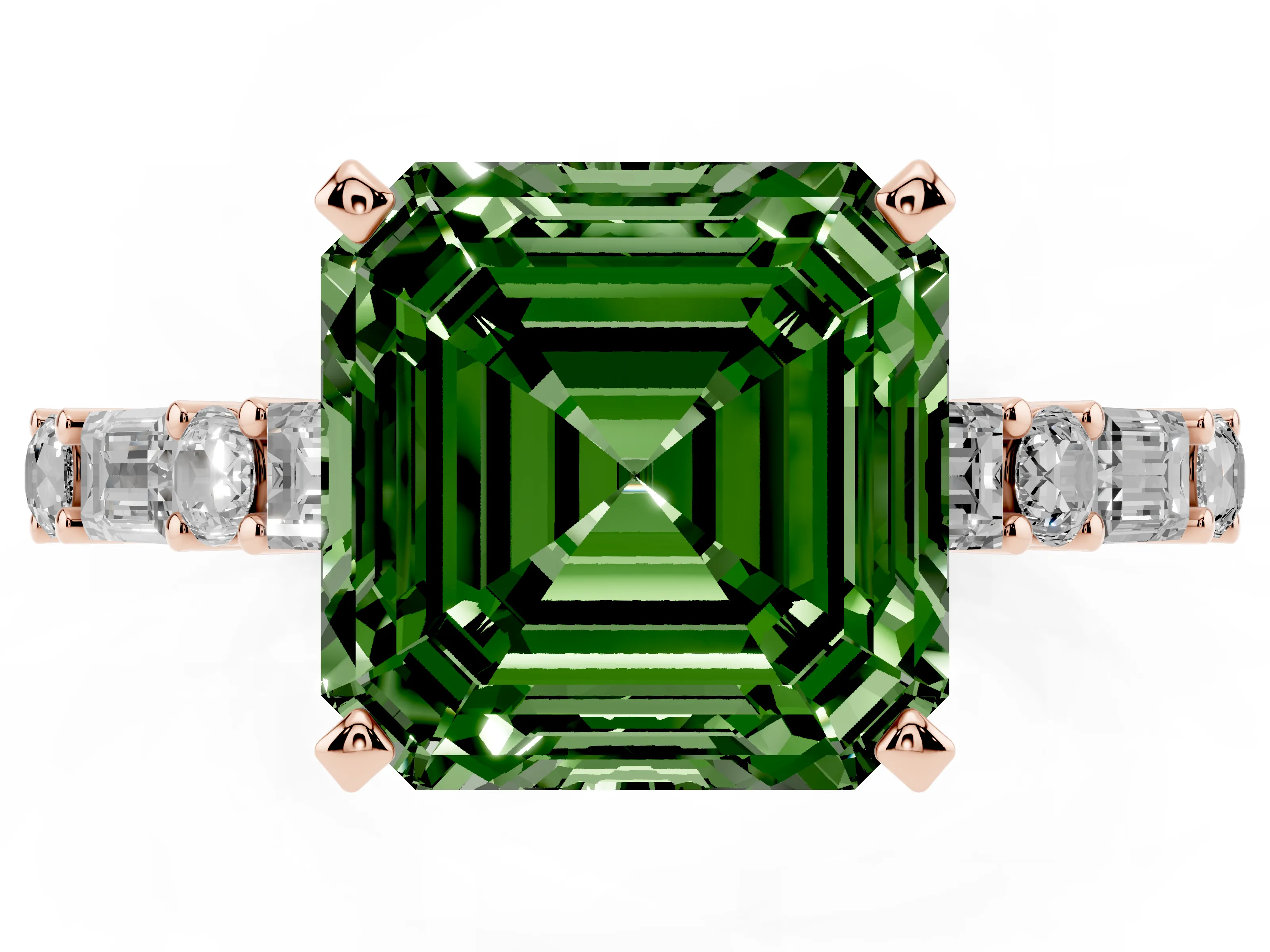 Fancy Green Asscher Cut Diamond Solitaire Set in Rose gold with Side Baguettes and Channel Set Band