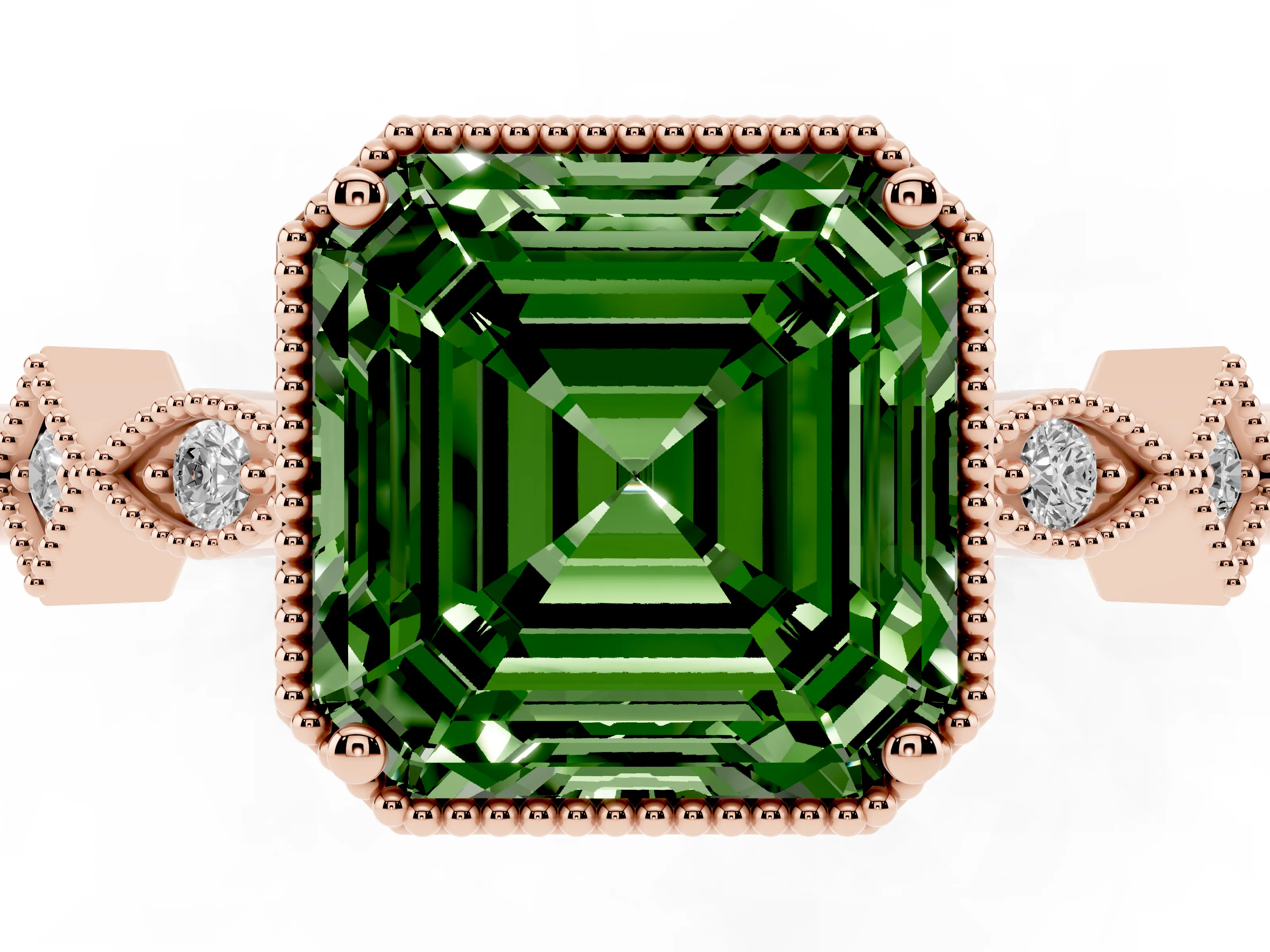 Fancy Green Asscher Cut Diamond Milgrain Marquise Twist Band Ring Set in Rose gold with Prong Setting