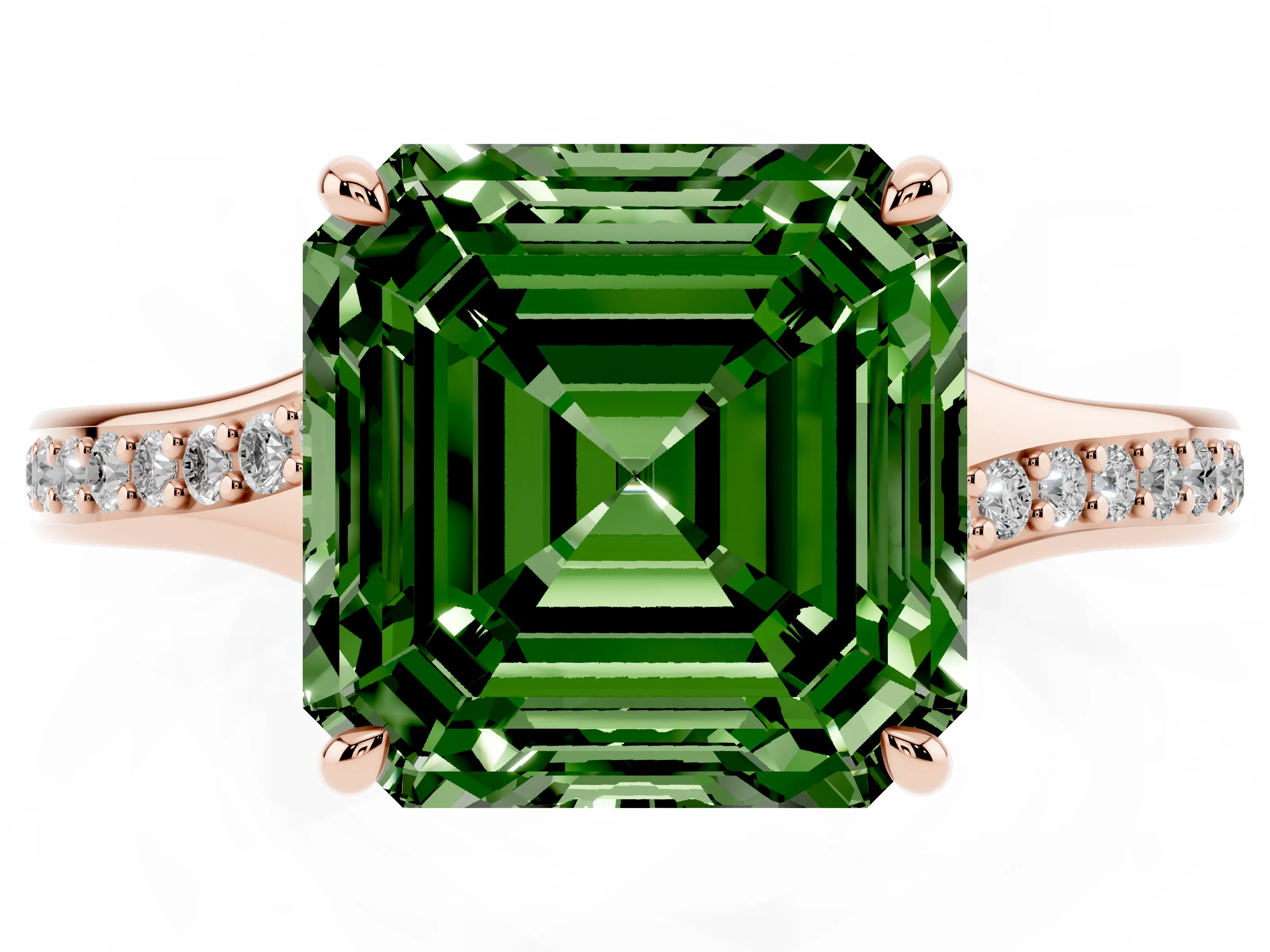 Fancy Green Asscher Cut Diamond Solitaire Ring Set in Rose gold with Pavé Accent Band and Classic Prong Setting