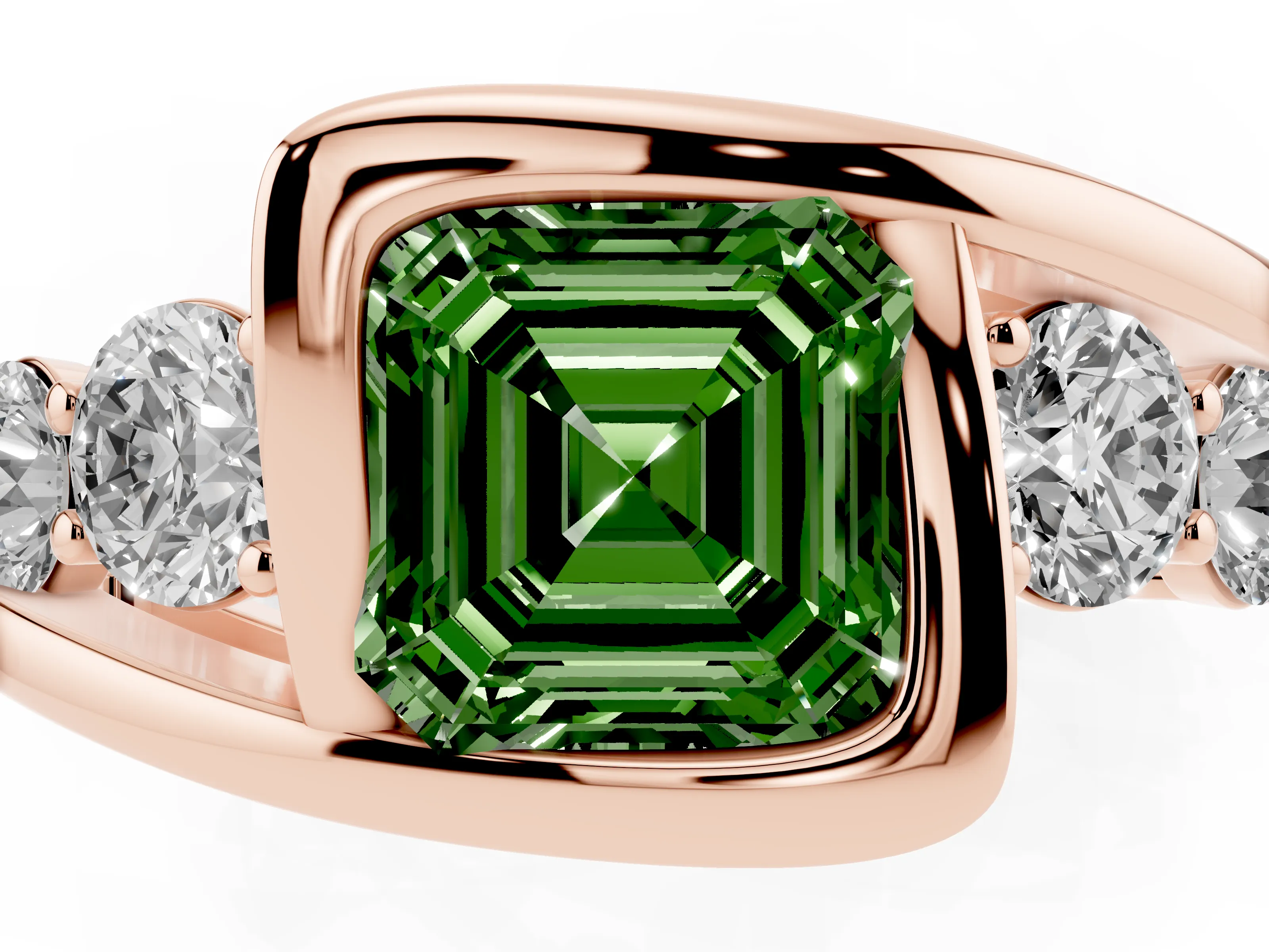 Fancy Green Asscher Cut Diamond Bezel Bypass Ring Set in Rose gold with Round Accents