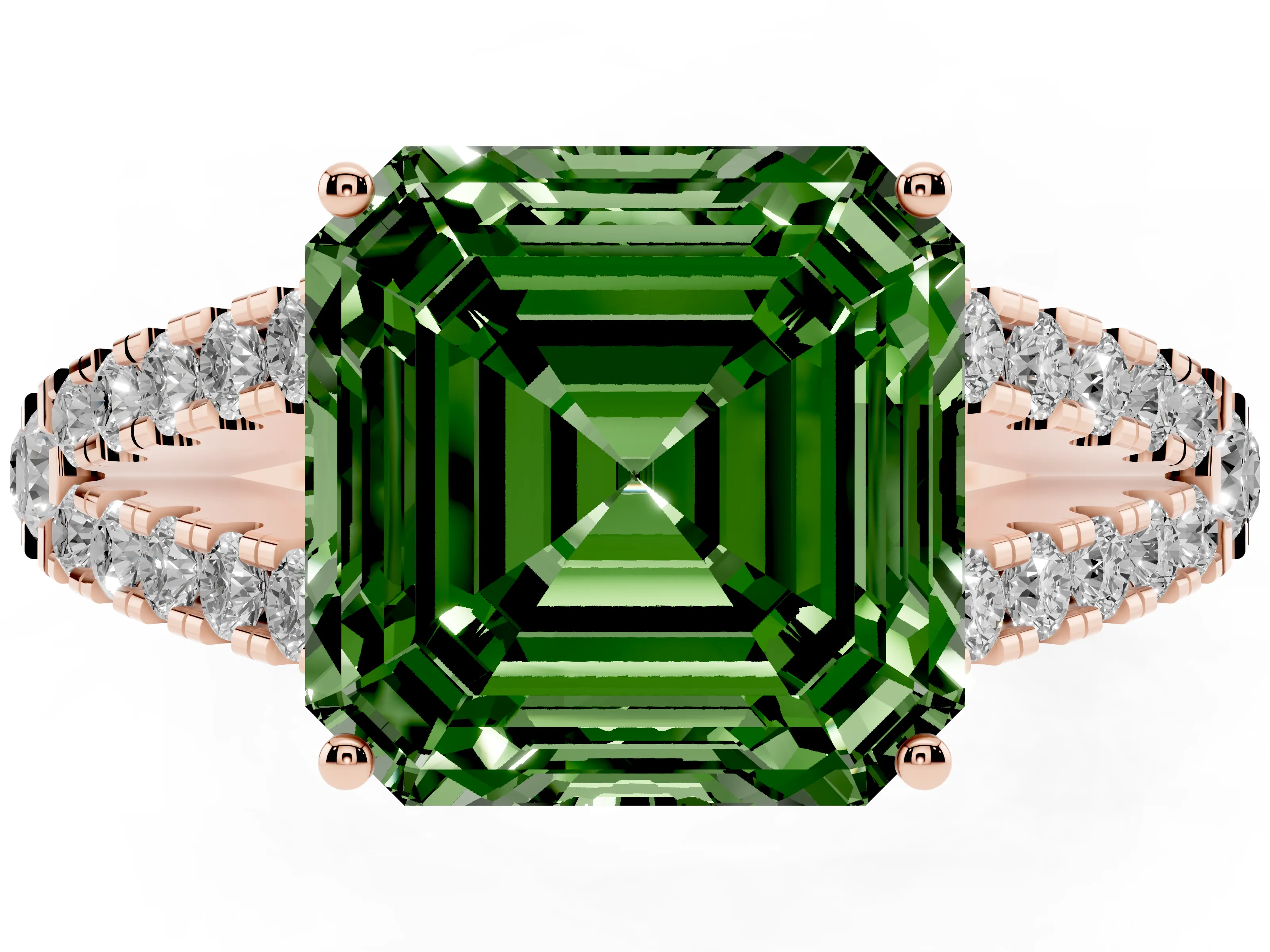 Fancy Green Asscher Cut Diamond Split Shank Engagement Ring Set in Rose gold with Round Pavé and Prong Setting