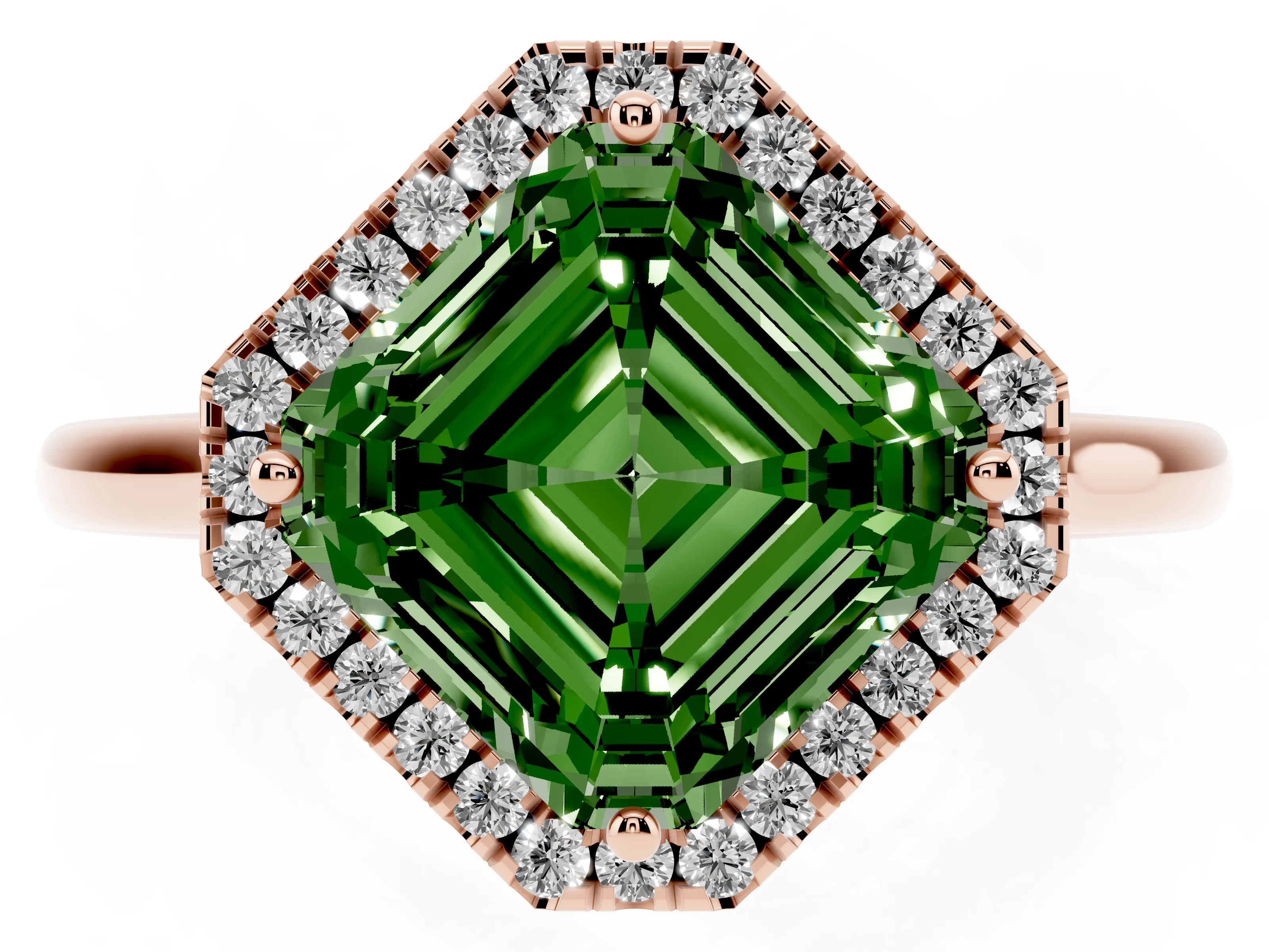 Fancy Green Asscher Cut Diamond Halo Engagement Ring Set in Rose gold with Pavé Band and Rising Shoulders