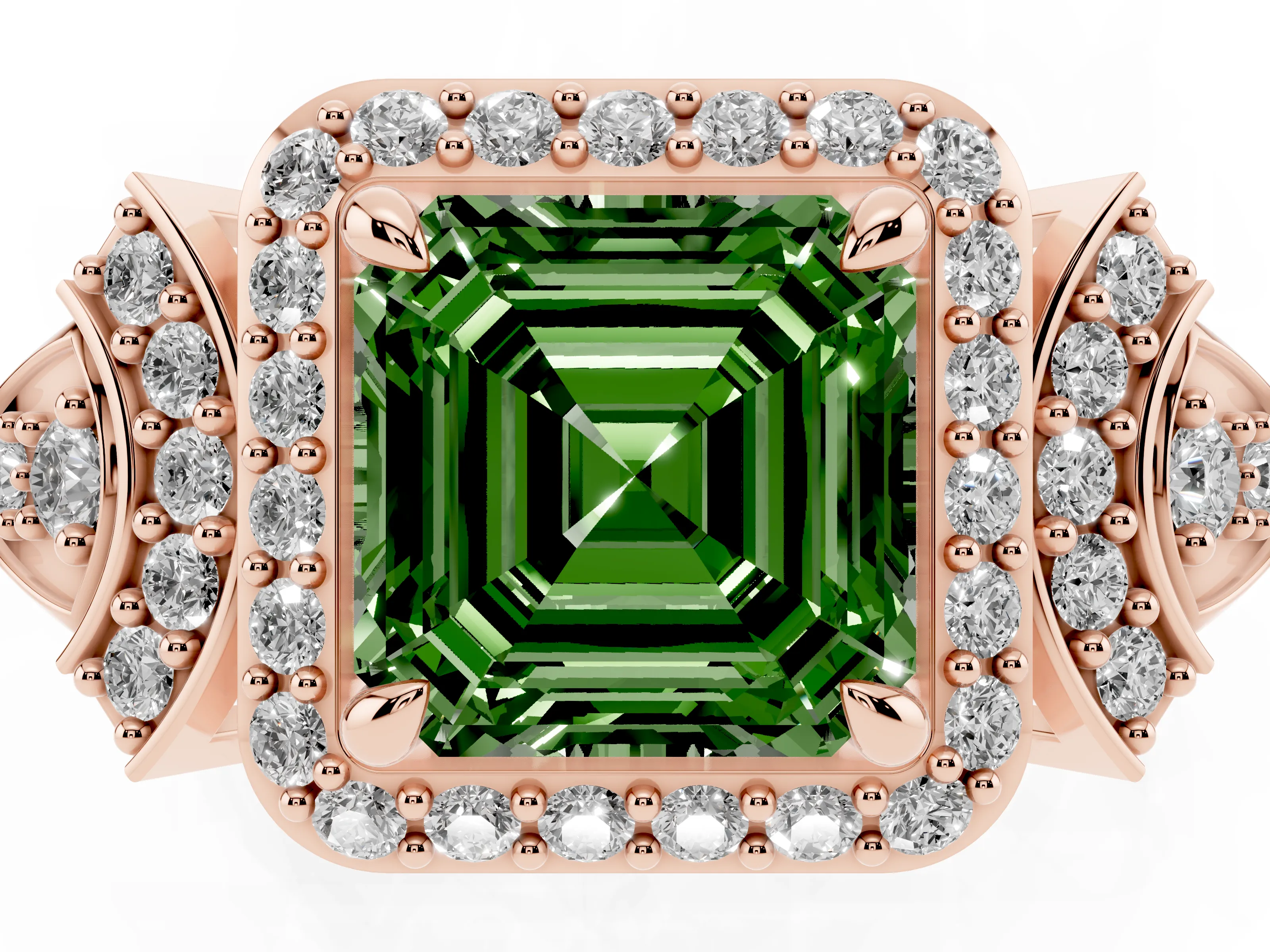 Fancy Green Asscher Cut Diamond Halo Engagement Ring Set in Rose gold with Accent Stone Split Shank