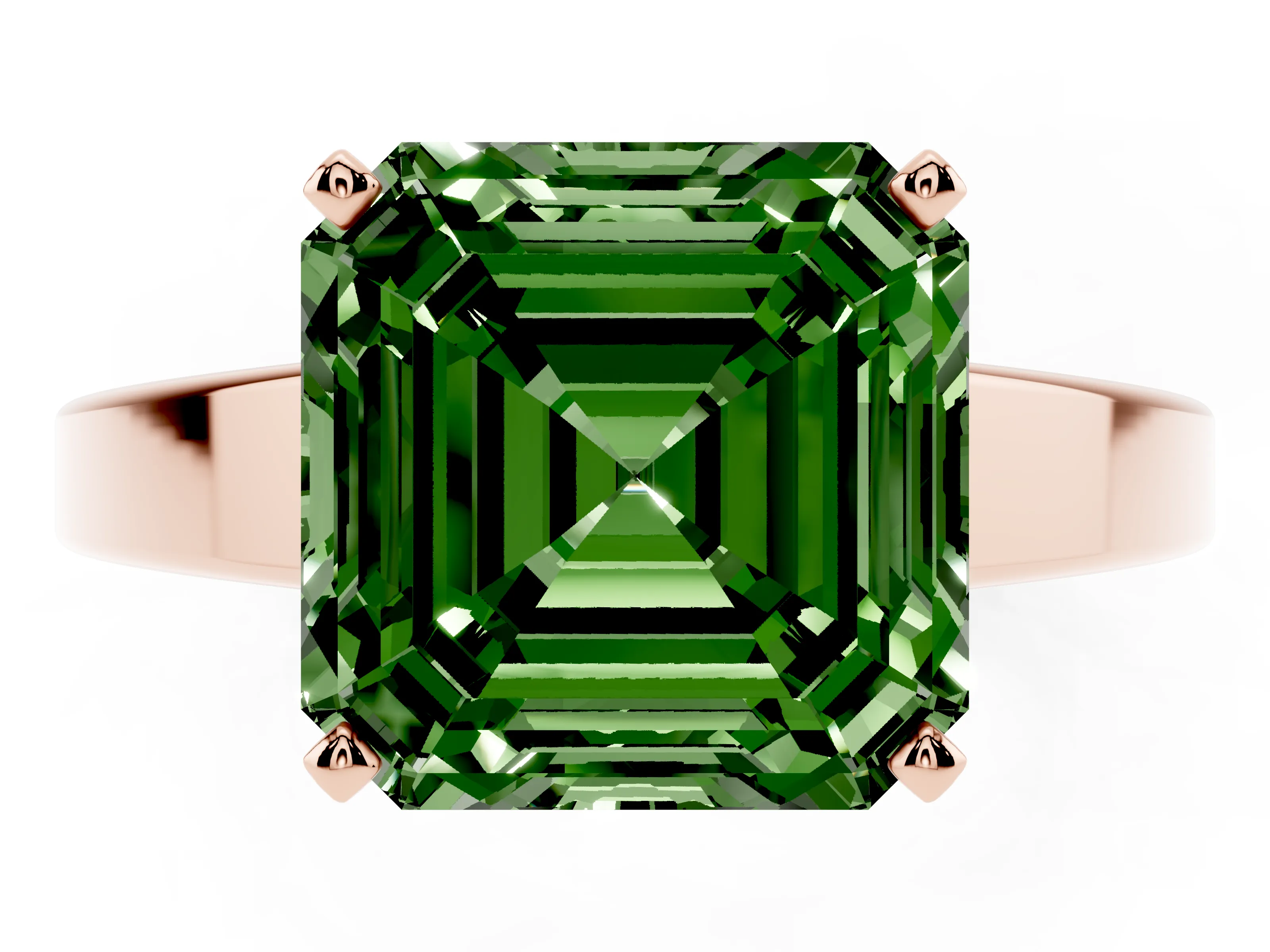 Fancy Green Asscher Cut Diamond Solitaire Engagement Ring Set in Rose gold with Prong Setting and Tapered Band