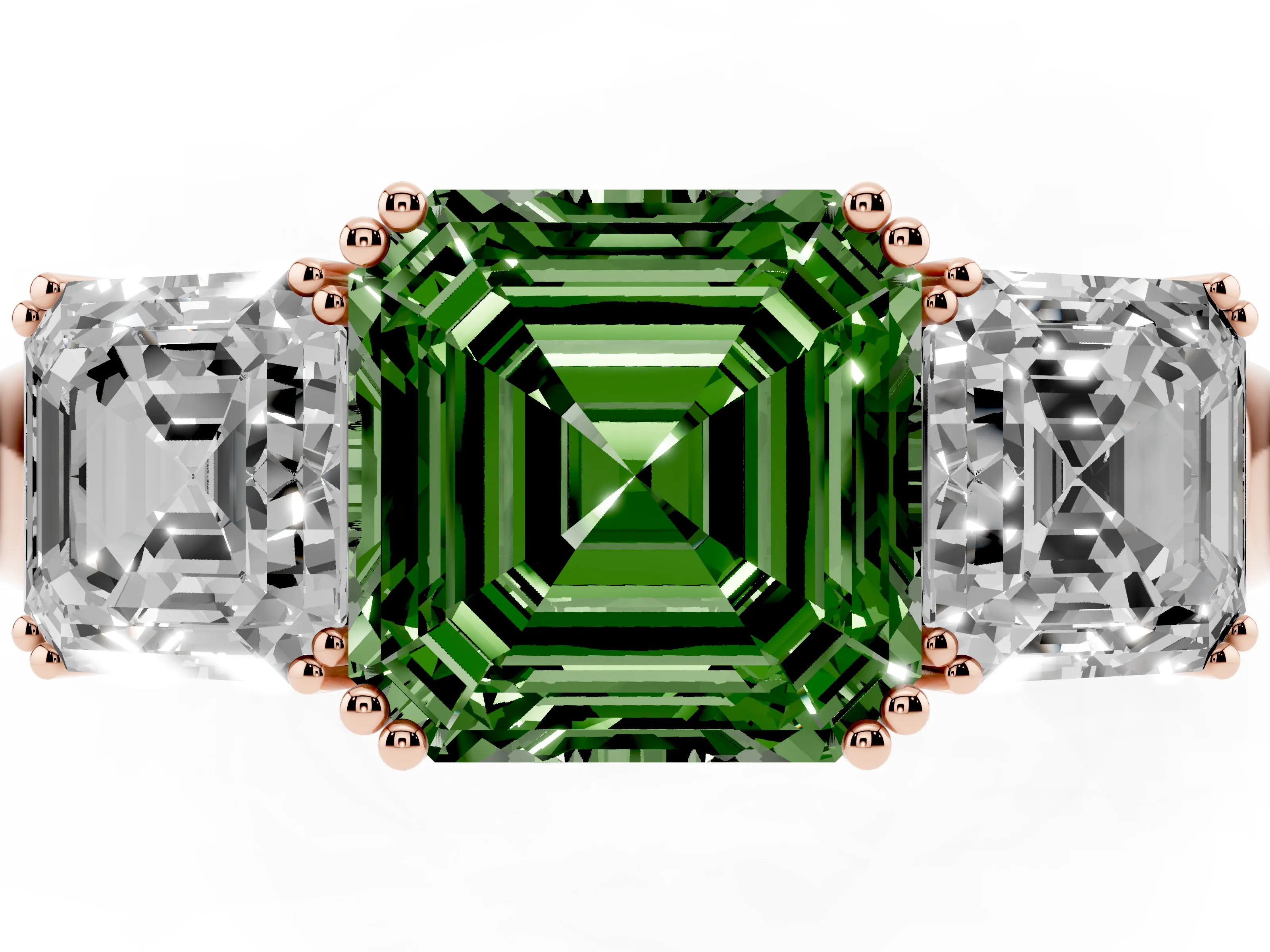 Fancy Green Asscher Cut Diamond Three-Stone Ring Set in Rose gold with Polished Band and Prong Setting