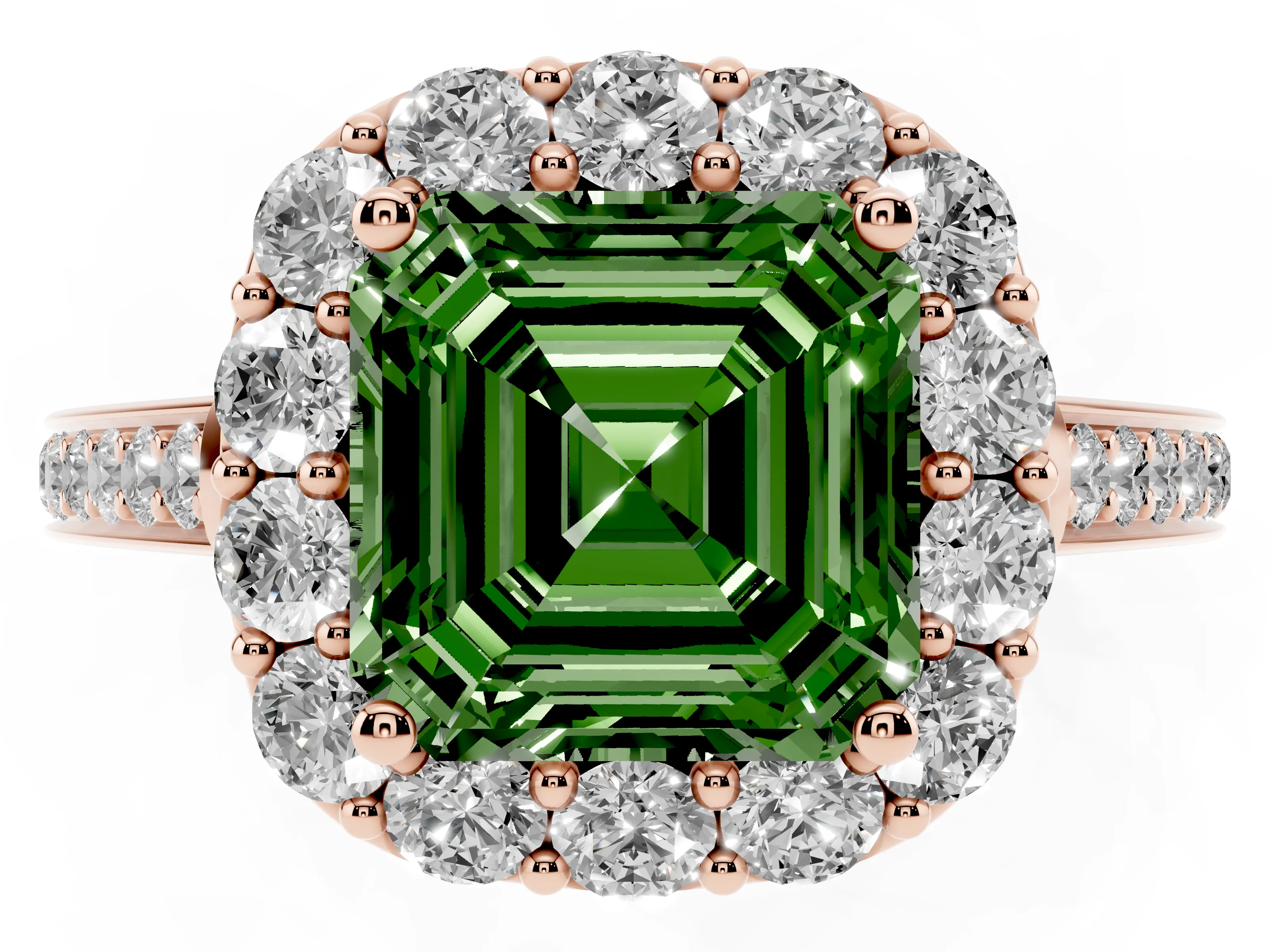 Fancy Green Asscher Cut Diamond Floral Halo Ring Set in Rose gold with Pavé Band and Prong Setting