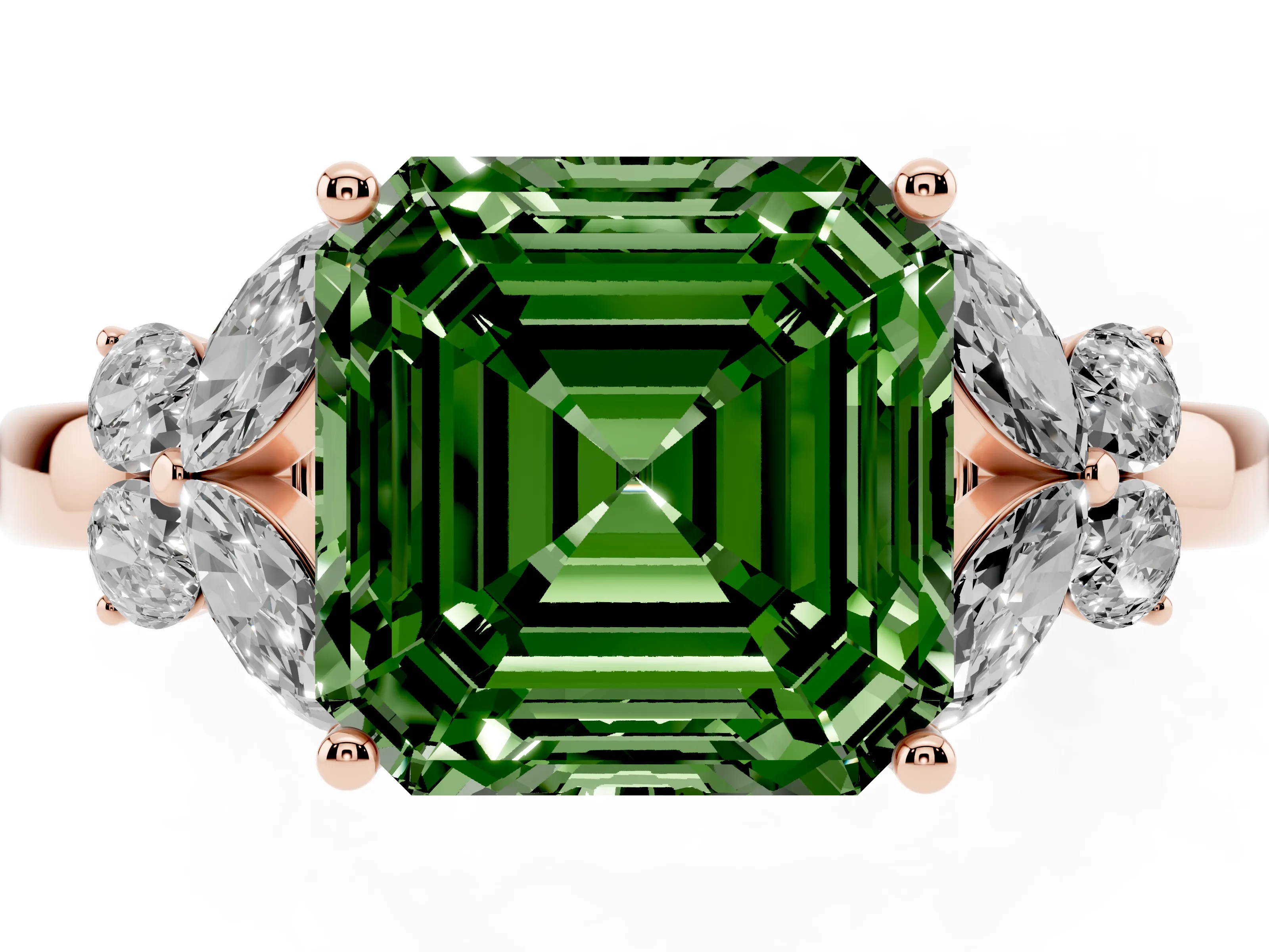 Fancy Green Asscher Cut Diamond Solitaire Floral Ring Set in Rose gold with Marquise Petals and Prong Setting