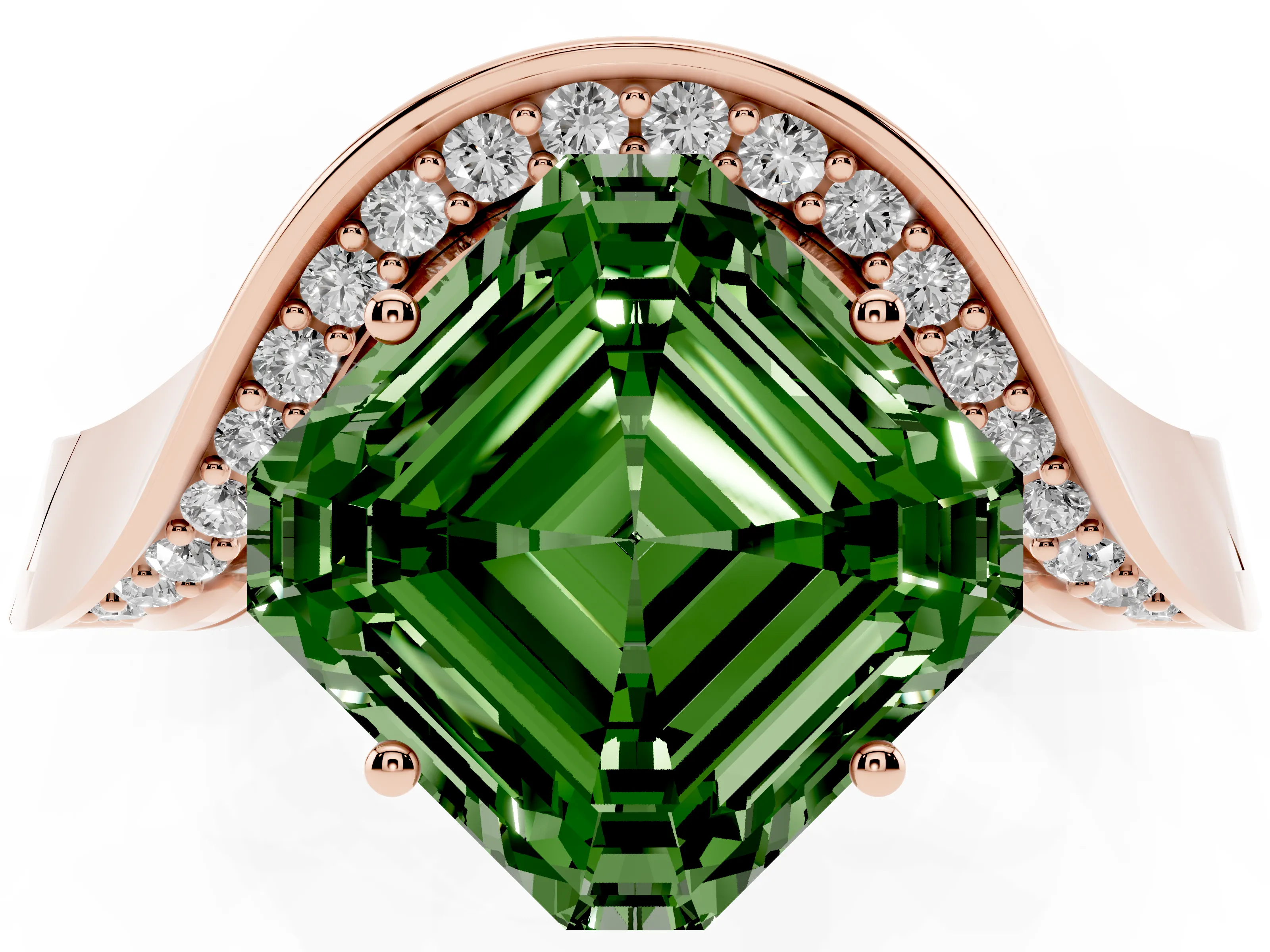 Fancy Green Asscher Cut Diamond Solitaire Engagement Ring Set in Rose gold with Pavé Shoulders