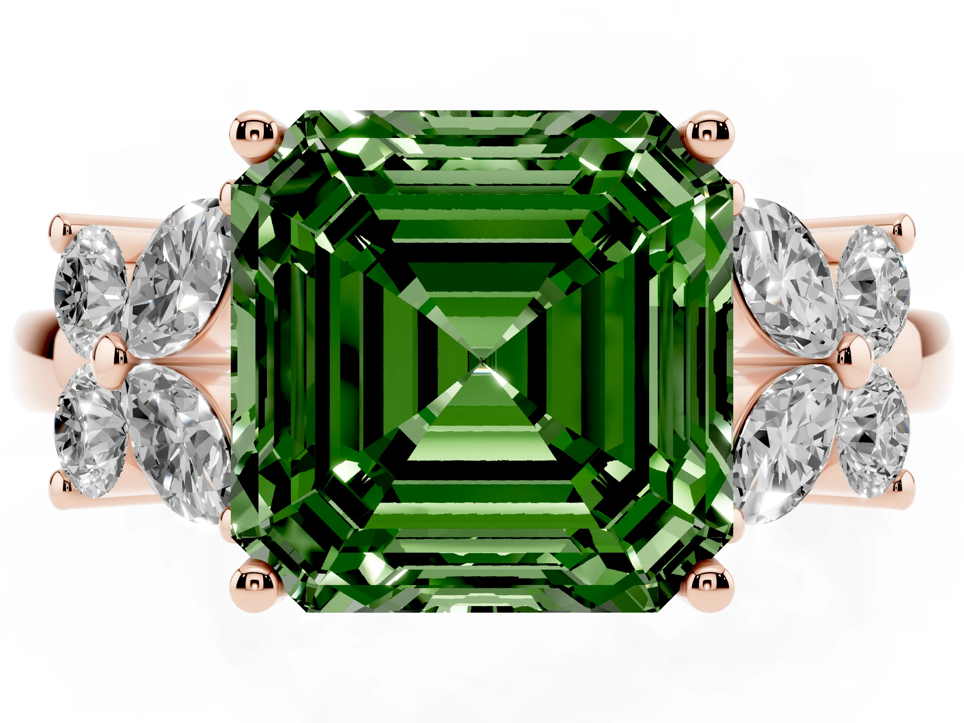Fancy Green Asscher Cut Diamond Floral Cluster Ring Set in Rose gold with Marquise Petals and Prong Setting