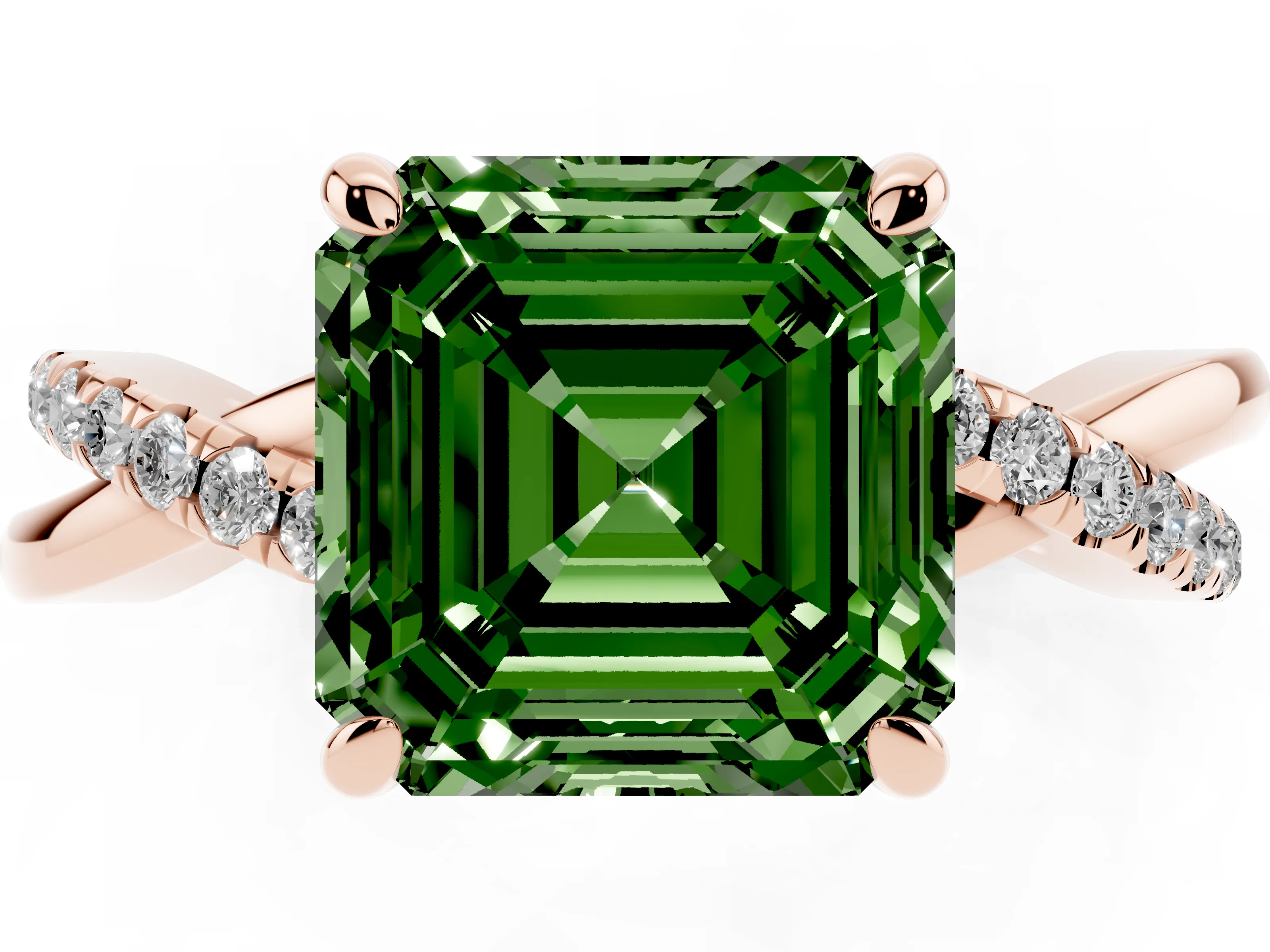 Fancy Green Asscher Cut Diamond Twist Band Pavé Solitaire Ring Set in Rose gold with Prong Setting