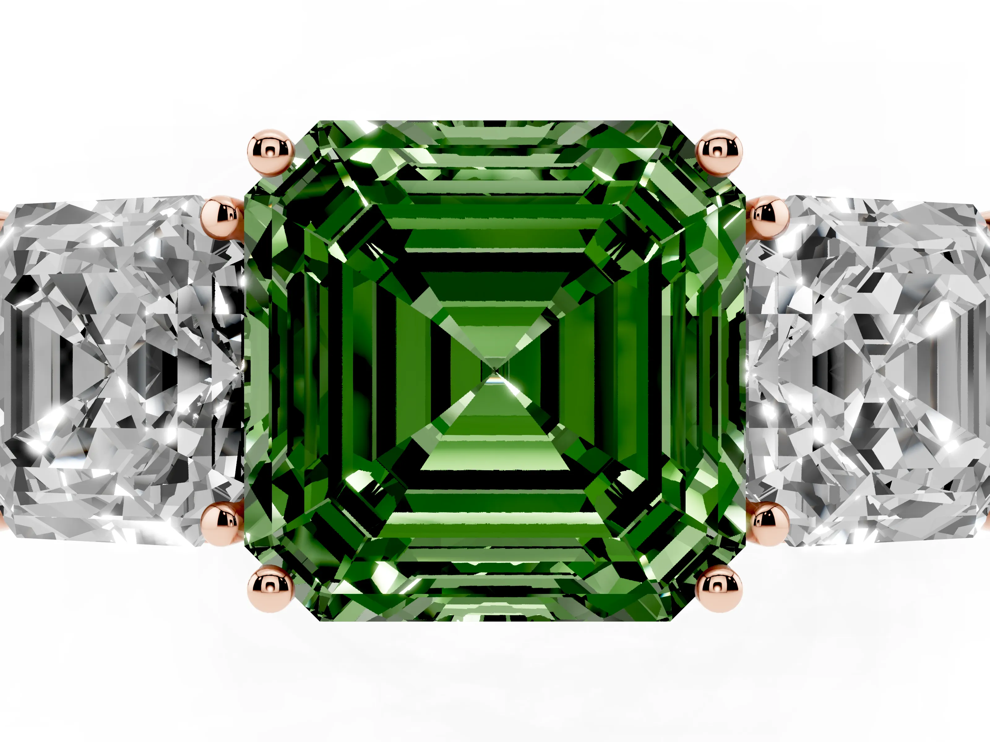 Fancy Green Asscher Cut Diamond Three-Stone Ring Set in Rose gold with Textured Band