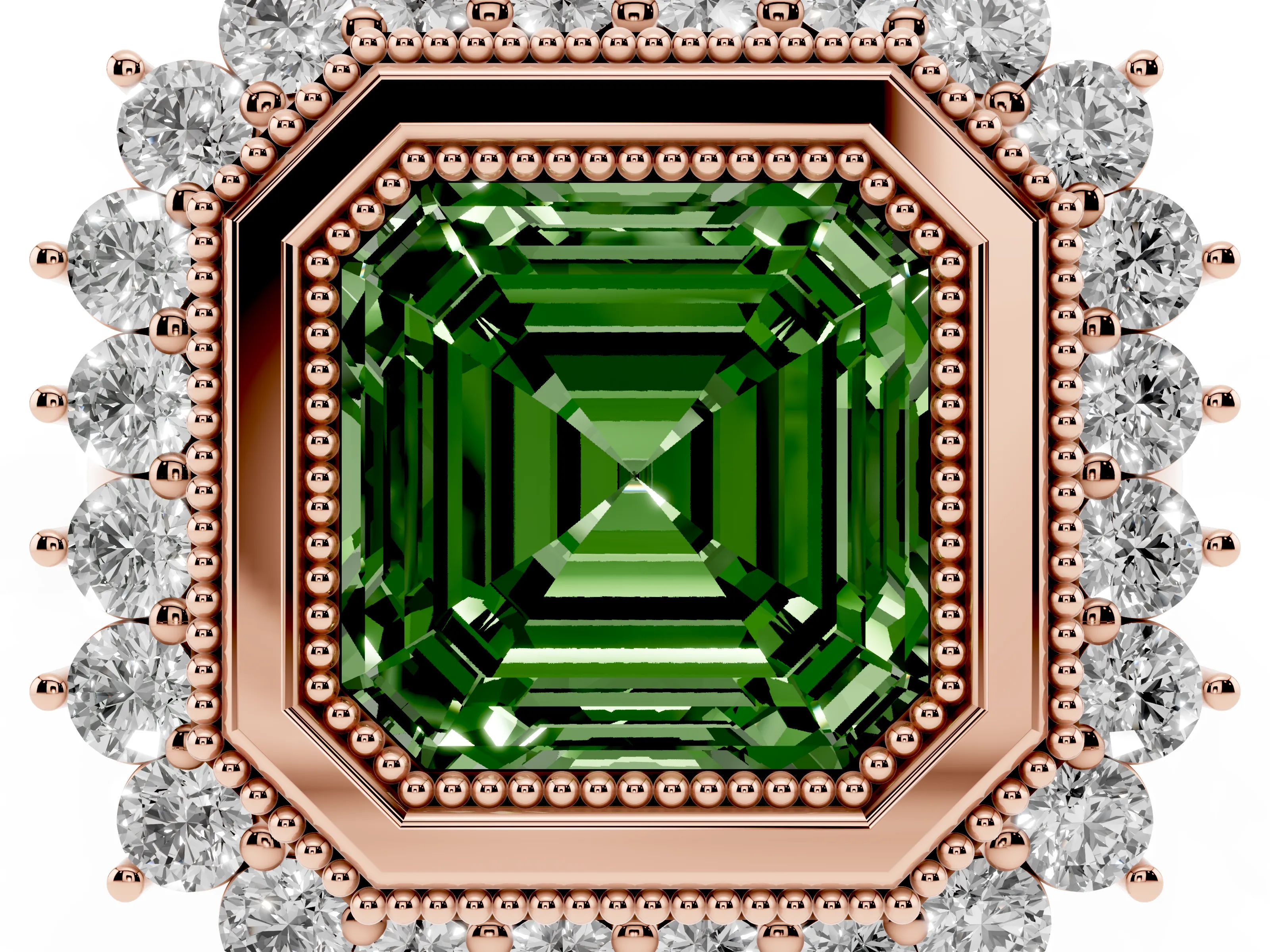 Fancy Green Asscher Cut Diamond Halo Ring Set in Rose gold with Milgrain Edge and Round Prong Setting