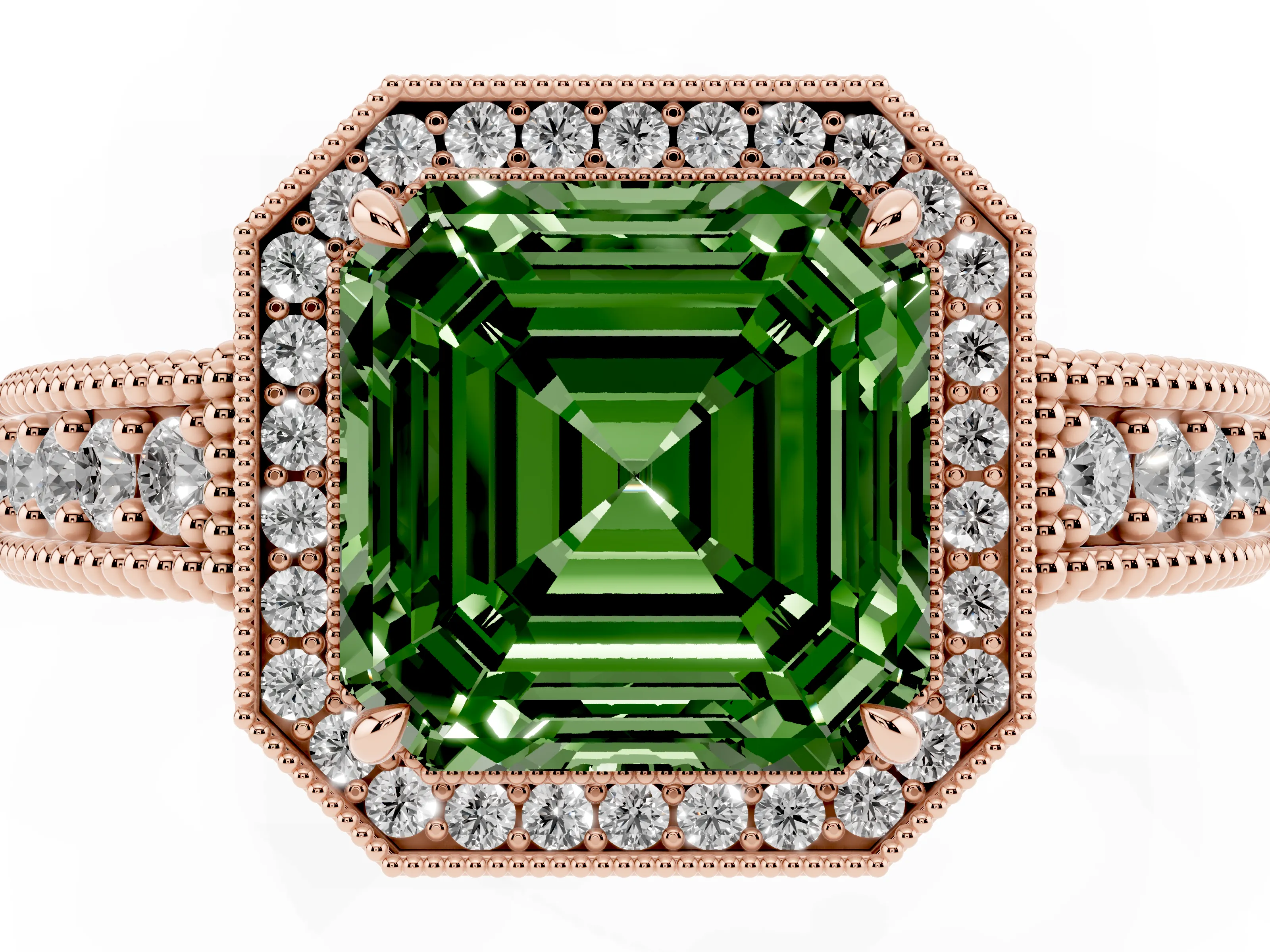 Fancy Green Asscher Cut Diamond Halo Ring Set in Rose gold with Round Accent Halo, Pavé Band and Prong Setting