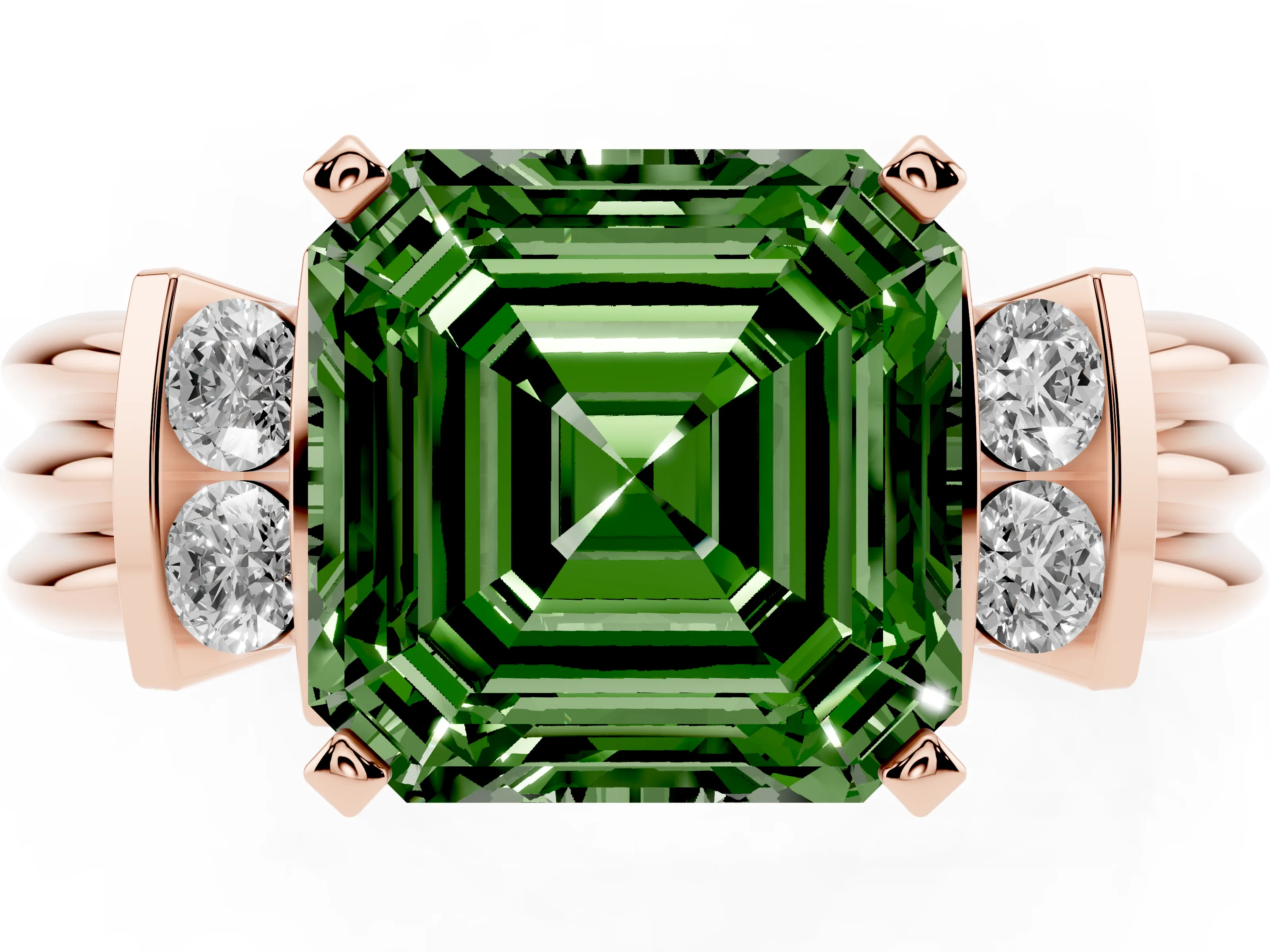 Fancy Green Three-Stone Asscher Cut Diamond Channel Set Ring Set in Rose gold with Bar Prongs