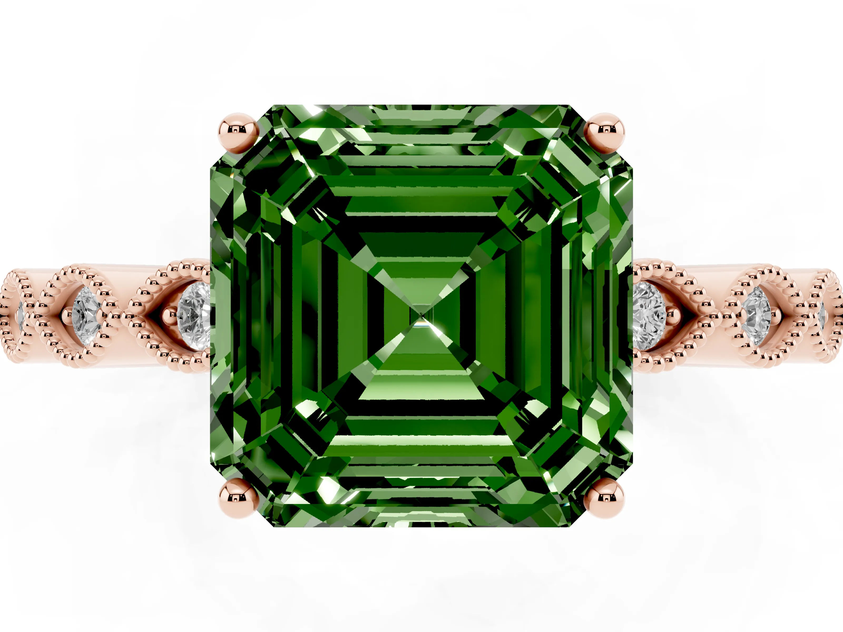Fancy Green Asscher Cut Diamond Solitaire Ring Set in Rose gold with Infinity Twist Pavé Band