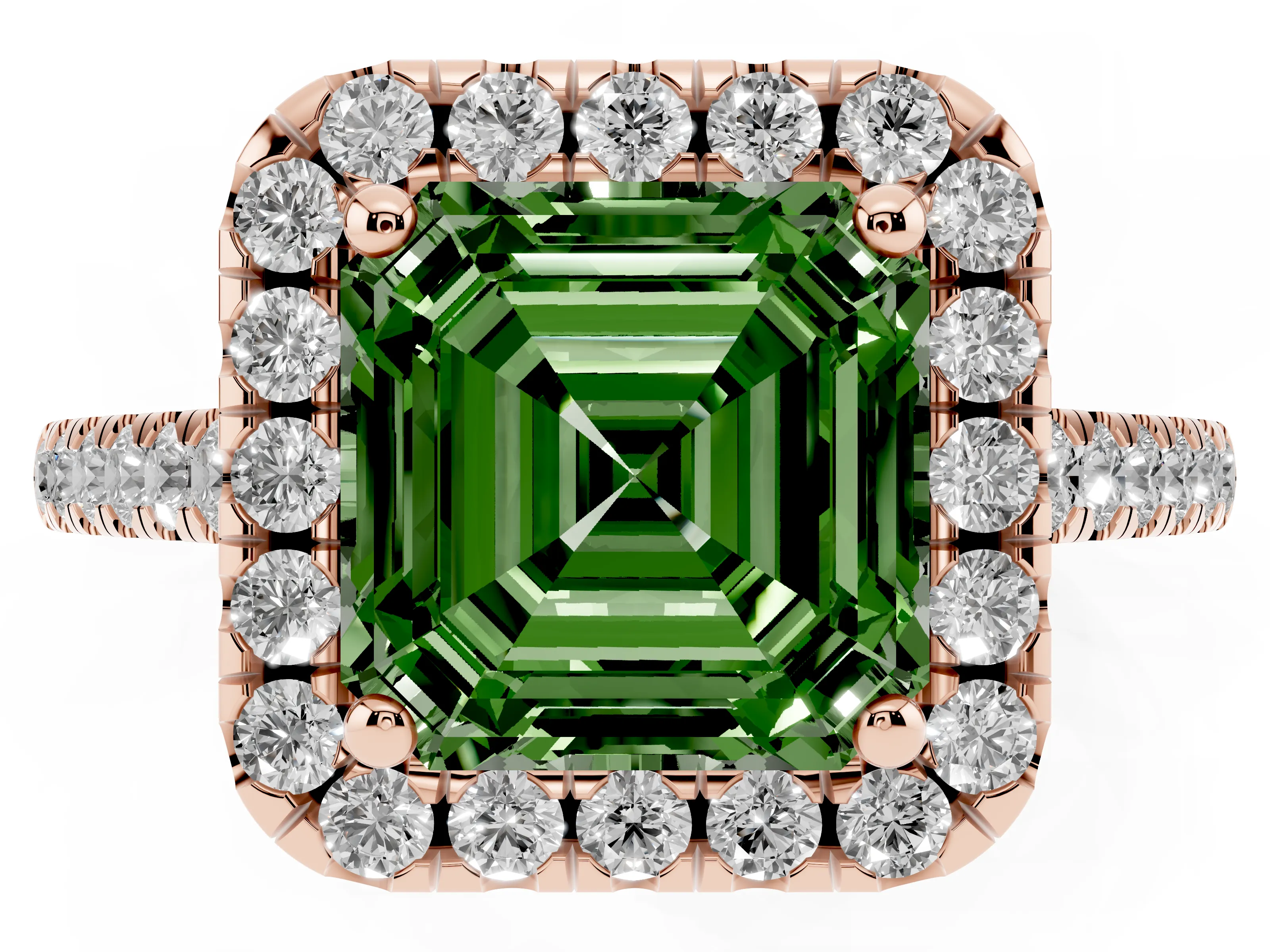 Fancy Green Asscher Cut Diamond Pavé Halo Engagement Ring Set in Rose gold with Pavé Band and Prong Setting