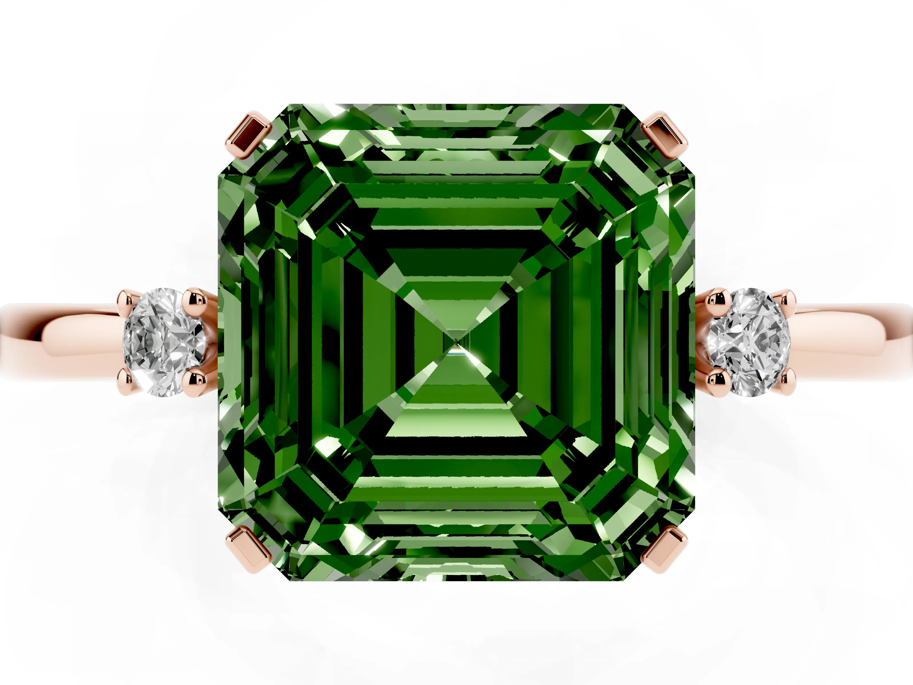 Fancy Green Three-Stone Asscher Cut Diamond Solitaire Ring Set in Rose gold with Round Accent Stones and Prong Setting