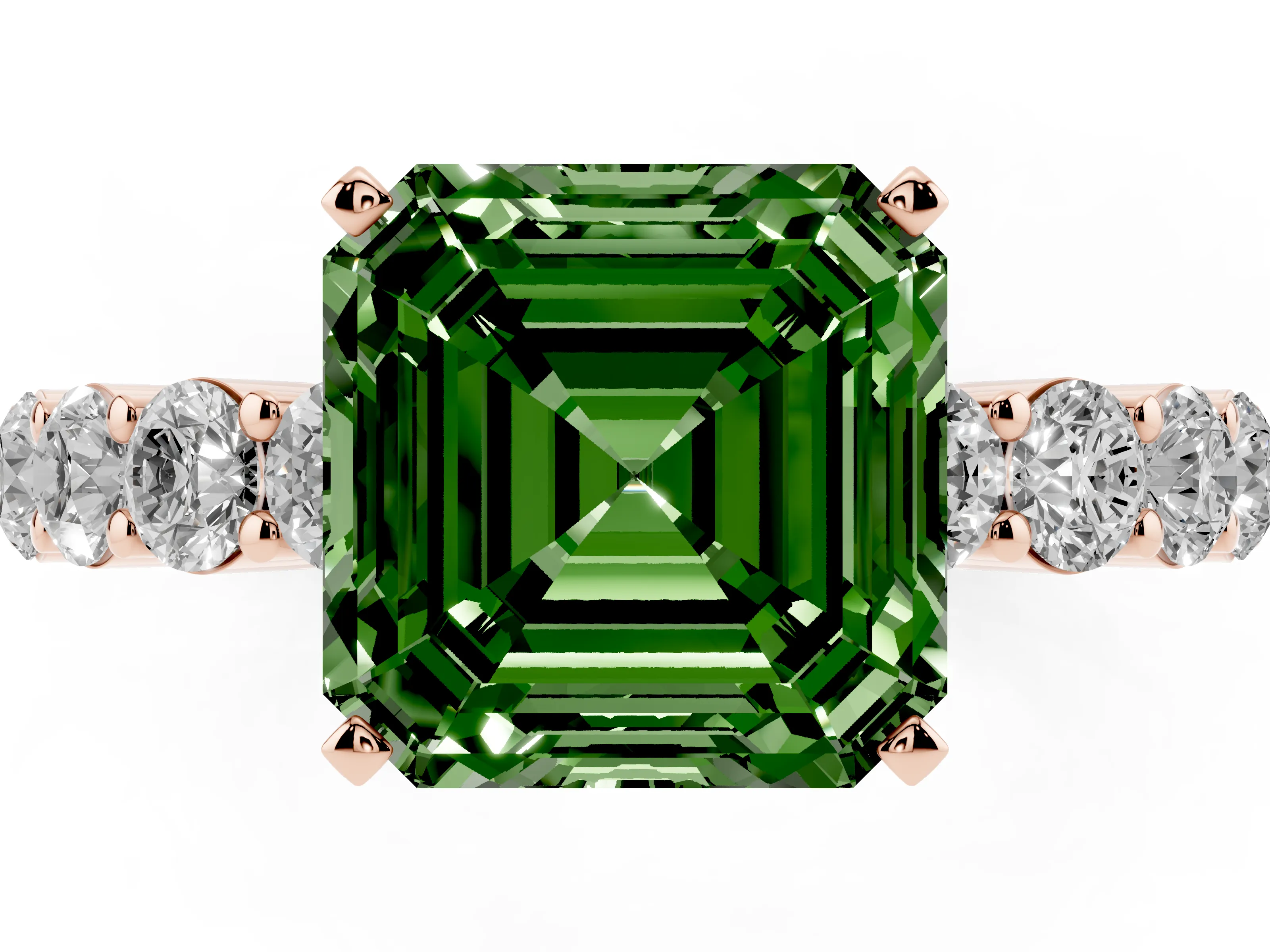 Fancy Green Asscher Cut Diamond Solitaire Ring Set in Rose gold with Shared Prong Round Side Stones
