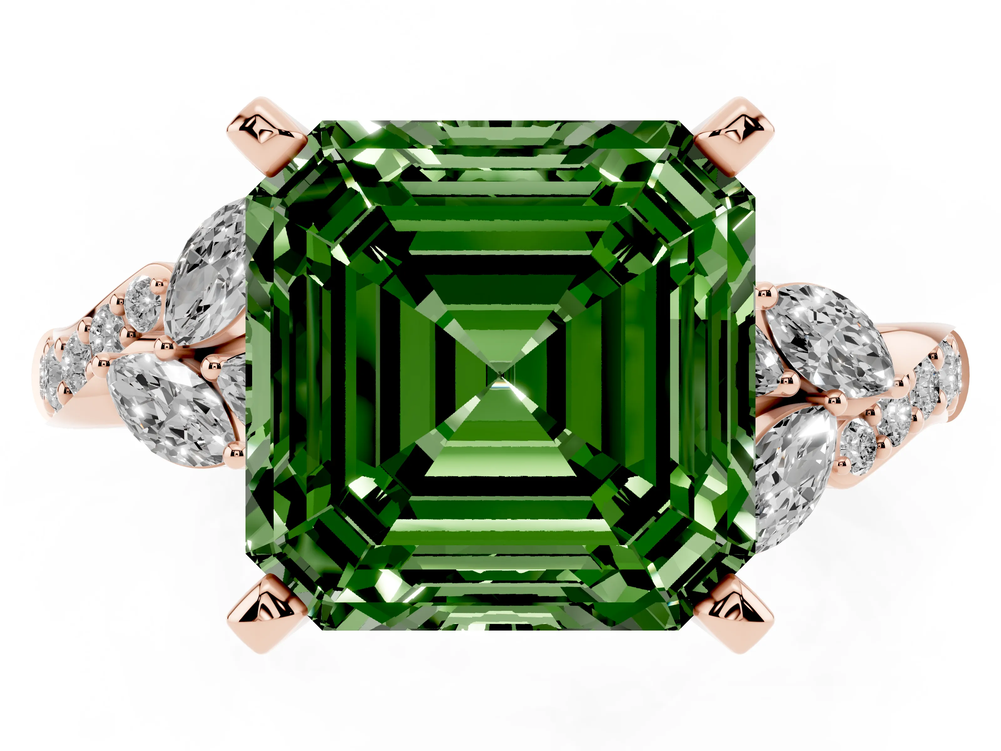 Fancy Green Asscher Cut Diamond Solitaire Ring Set in Rose gold with Marquise Twist Band and Prong Setting