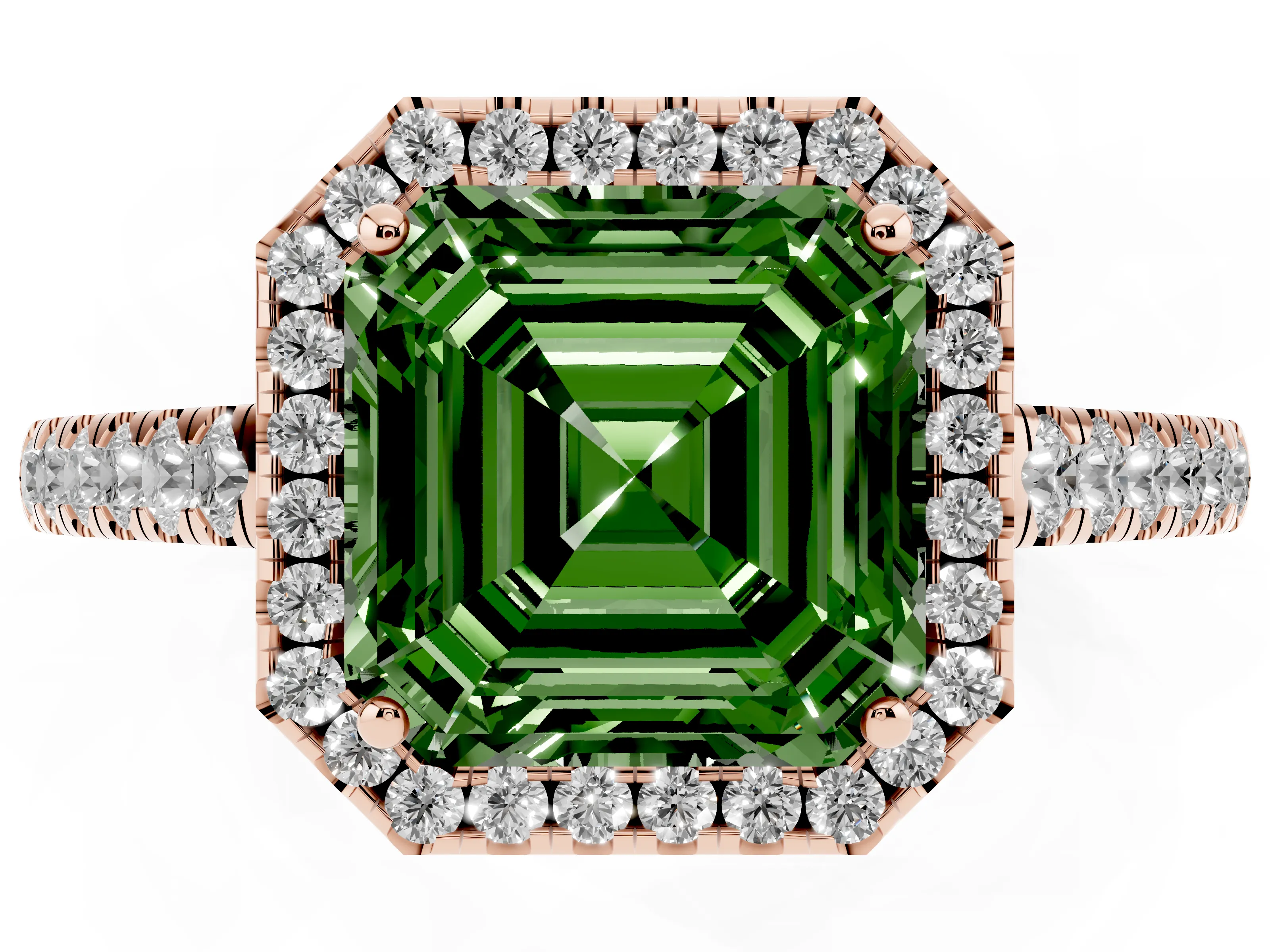 Fancy Green Asscher Cut Diamond Halo Pavé Engagement Ring Set in Rose gold with Prong Setting