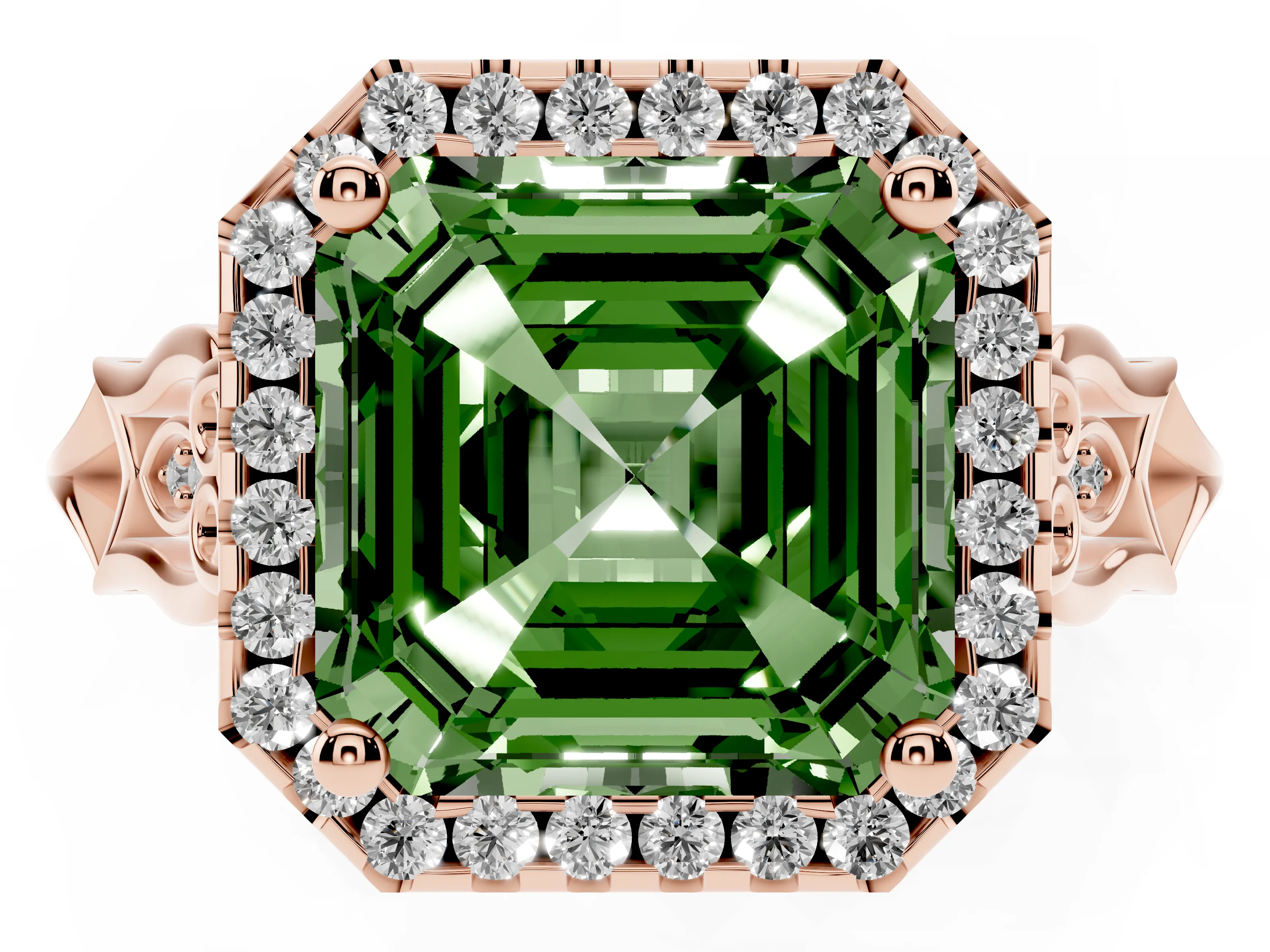 Fancy Green Asscher Cut Diamond Halo Engagement Ring Set in Rose gold with Filigree Band and Prong-Set Center