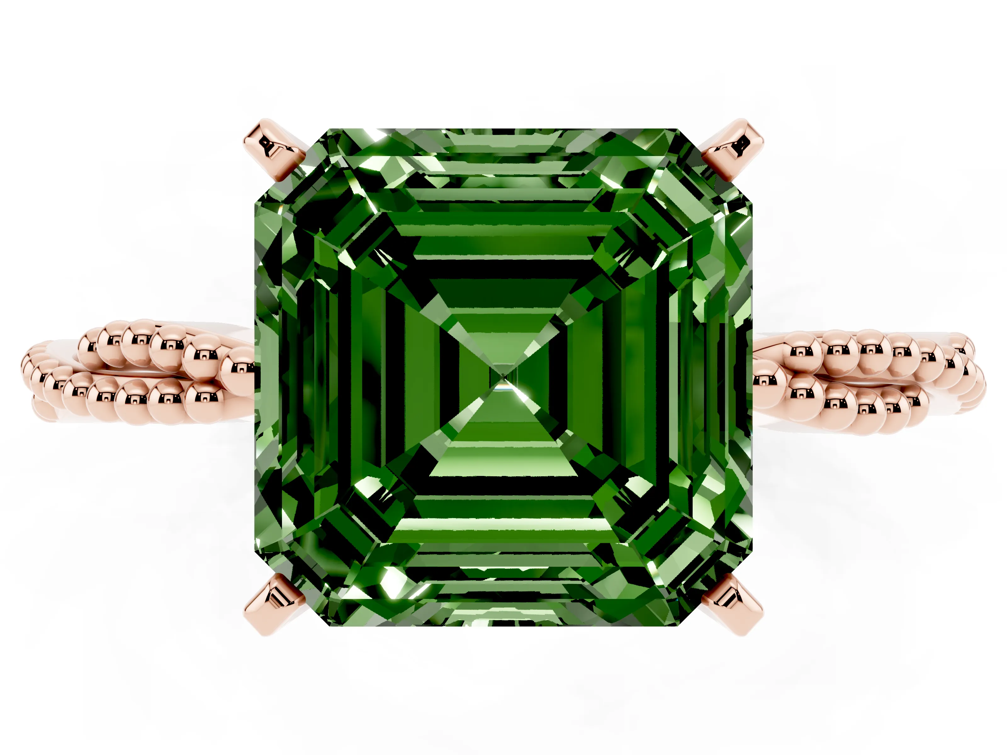 Fancy Green Asscher Cut Diamond Solitaire Ring Set in Rose gold with Twisted Band and Bead Prong Setting