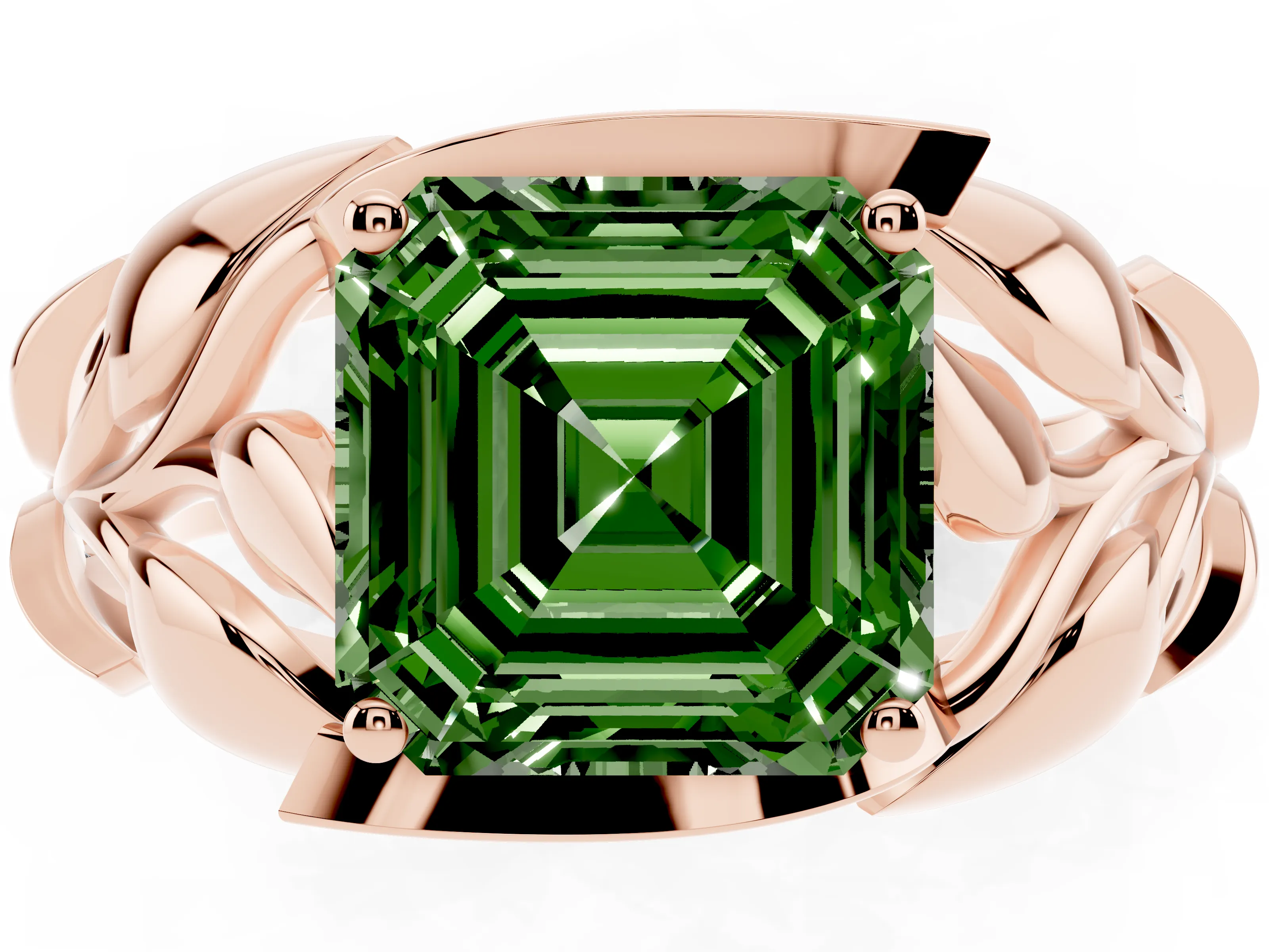 Fancy Green Asscher Cut Diamond Leaf-Inspired Engagement Ring Set in Rose gold with Round Accents