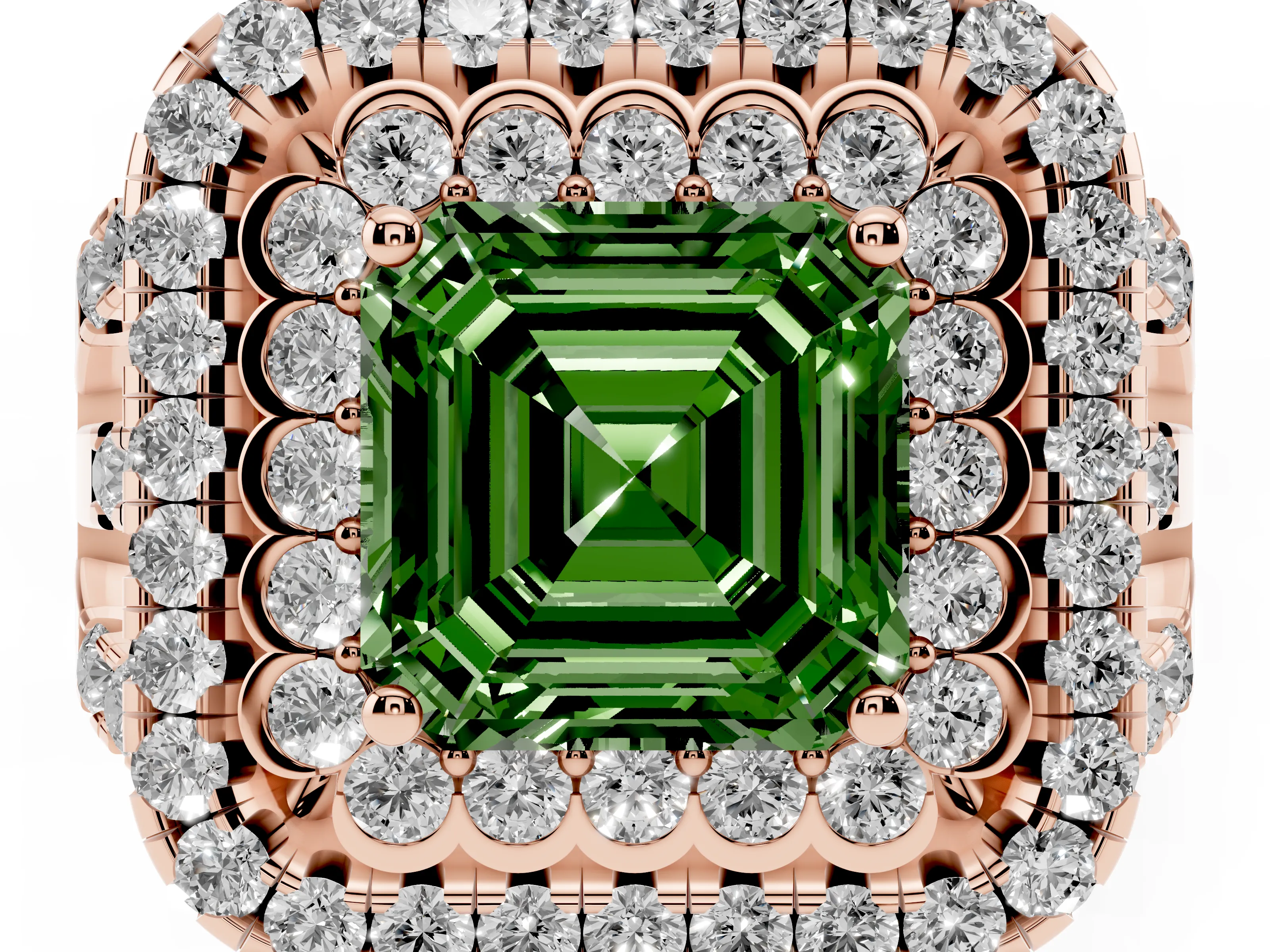Fancy Green Asscher Cut Diamond Double Halo Ring Set in Rose gold with Round Pavé Split Shank